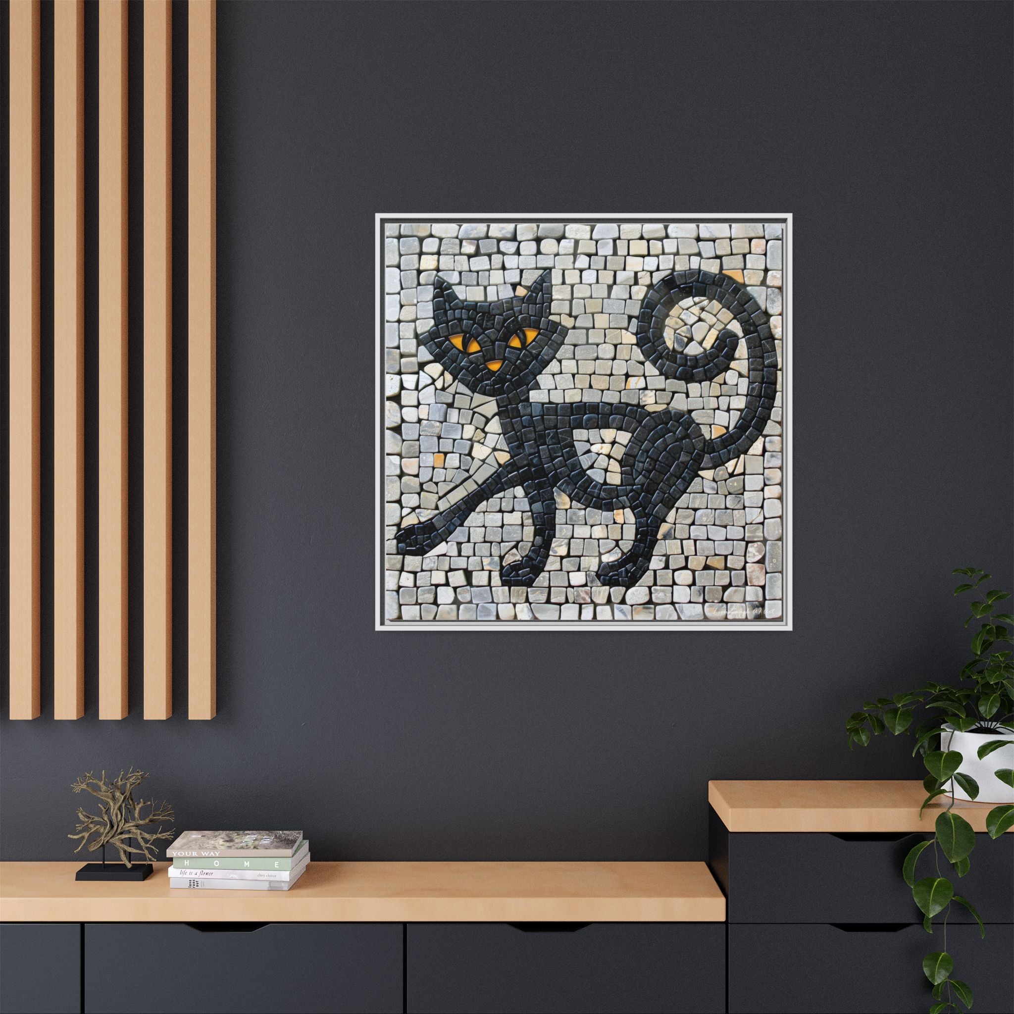"Curious Black Cat Mosaic", Framed Mosaic Cat Art Print — Colorful Modern Wall Canvas