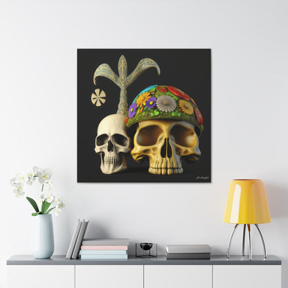 Double Skull With Yellow White Purple Flowers Canvas Gallery Wraps