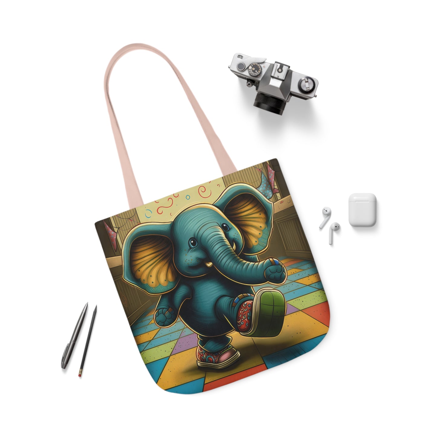 Elephant Kicking Leg On Colored Square Floor Polyester Canvas Tote Bag (AOP)