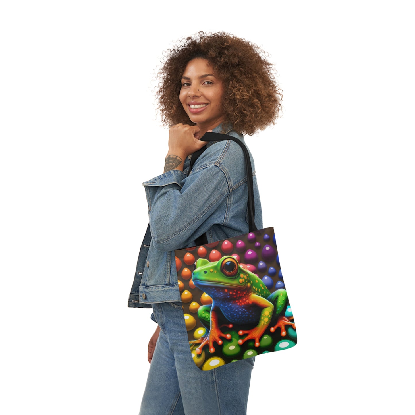 Sassy Rainbow Round Skittle Like Background With Beautiful Frog Polyester Canvas Tote Bag (AOP)