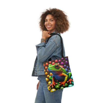 Sassy Rainbow Round Skittle Like Background With Beautiful Frog Polyester Canvas Tote Bag (AOP)