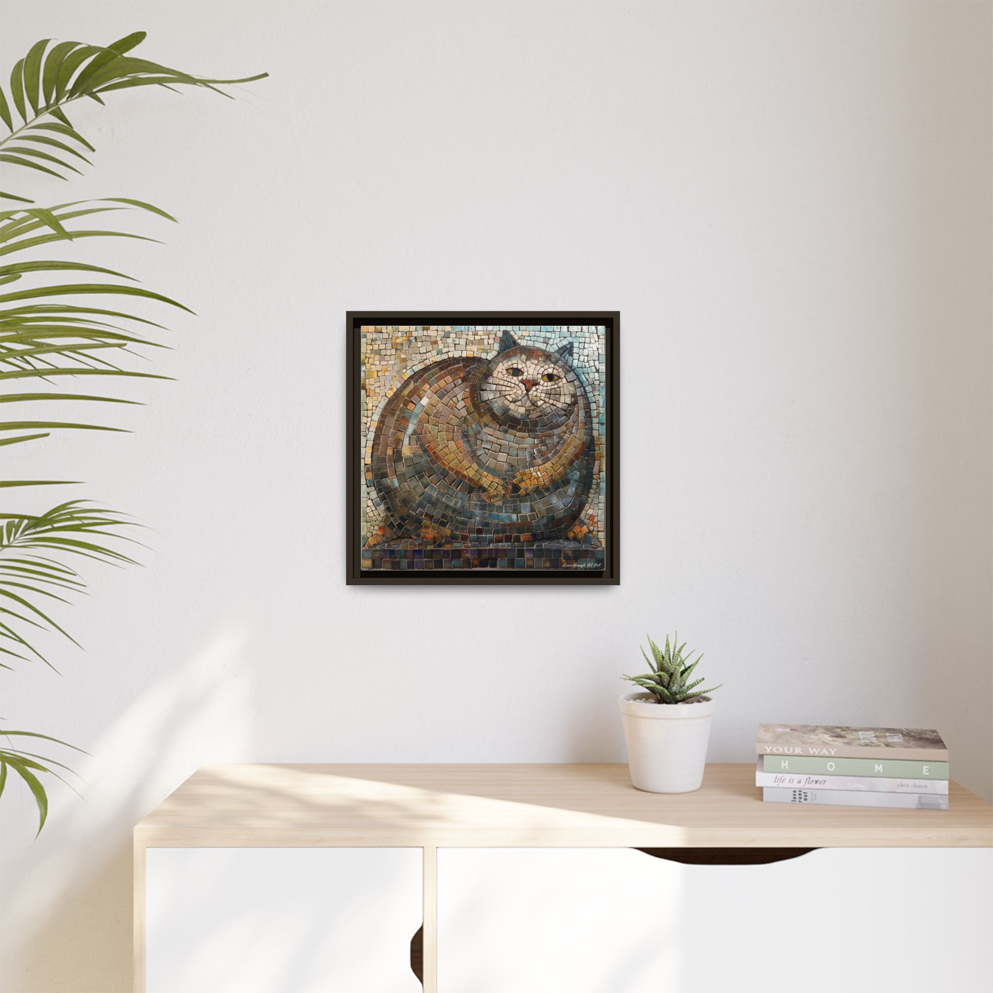 "Serene Mosaic Cat", Framed Mosaic Cat Art Print — Colorful Modern Wall Canvas
