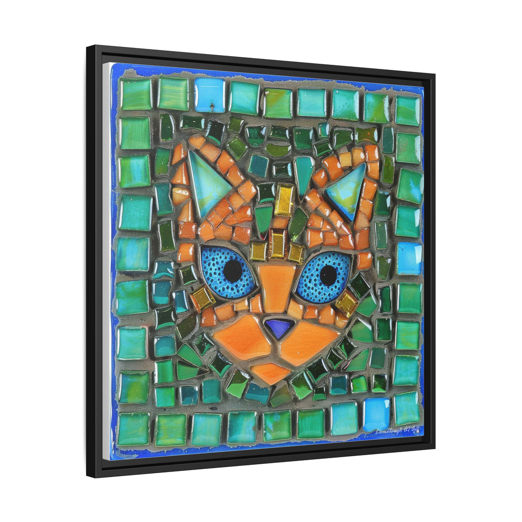 "Emerald Eyes Mosaic Cat", Framed Mosaic Cat Art Print — Colorful Modern Wall Canvas