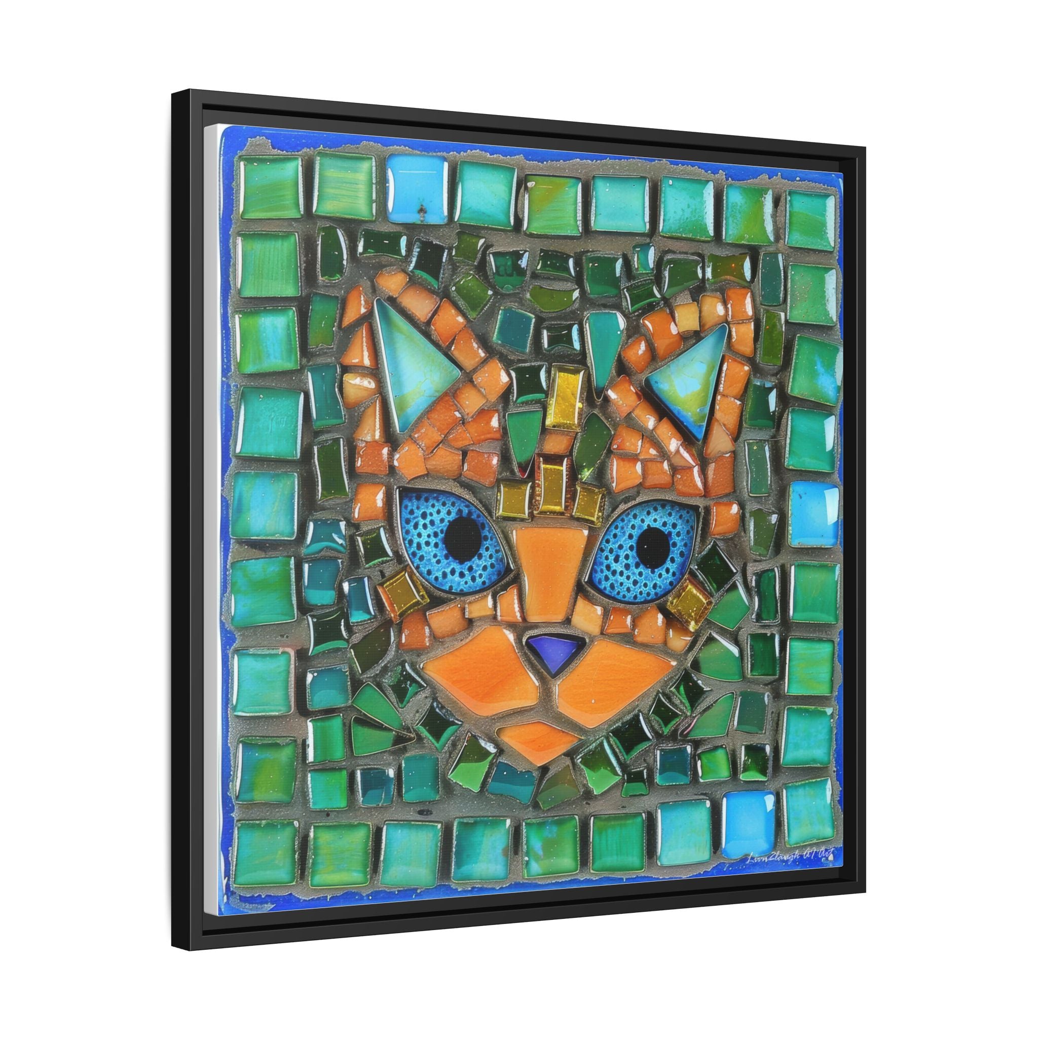 "Emerald Eyes Mosaic Cat", Framed Mosaic Cat Art Print — Colorful Modern Wall Canvas