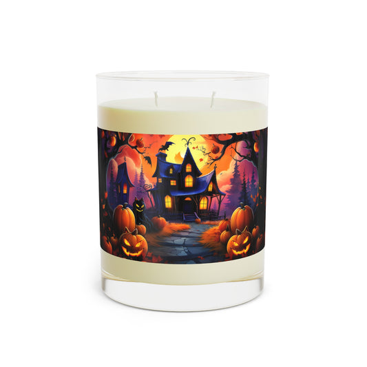 Spooky Halloween House With Pumpkin Line Path , Black Cat, Scented Candle - Full Glass, 11oz
