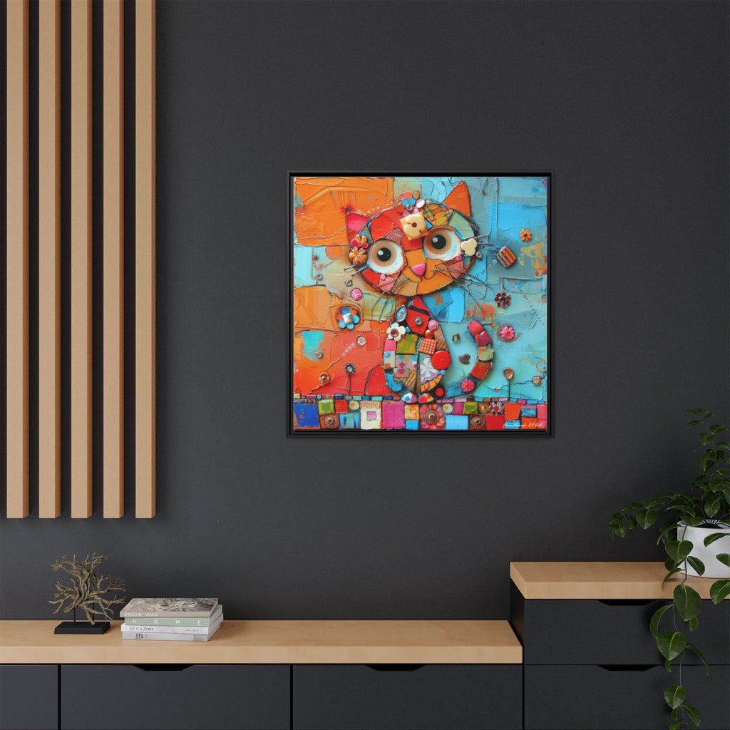 "Whimsical Mosaic Cat", Framed Mosaic Cat Art Print — Colorful Modern Wall Canvas