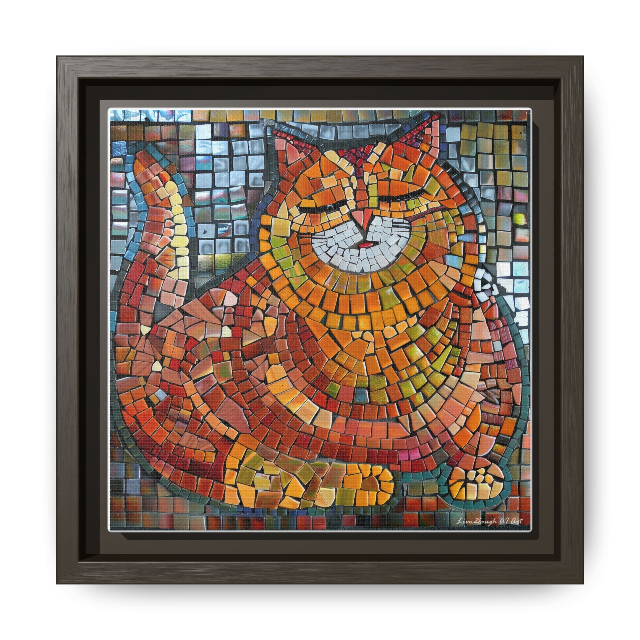 Radiant Whiskers: The Joyful Cat, Framed Mosaic Cat Art Print — Colorful Modern Wall Canvas