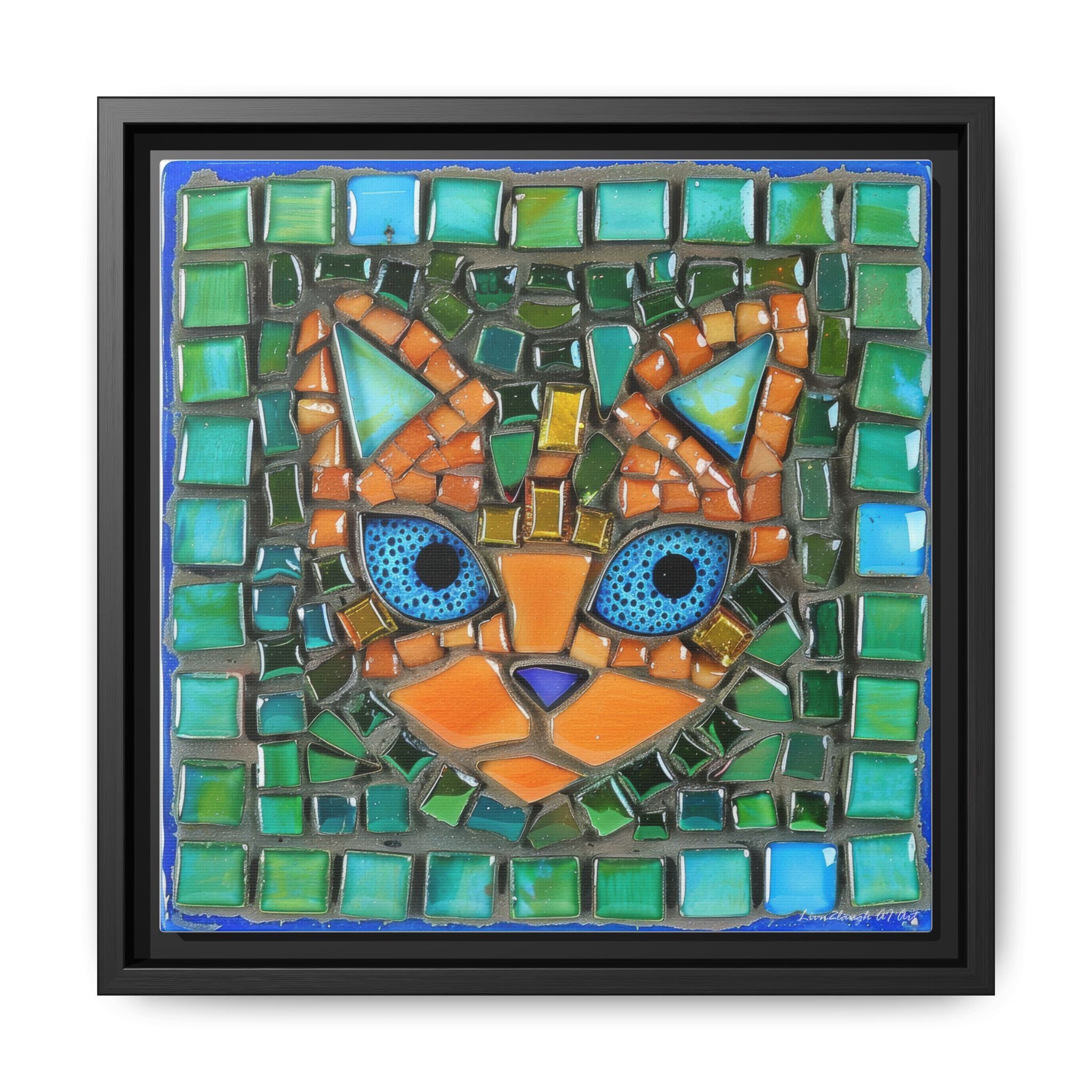 "Emerald Eyes Mosaic Cat", Framed Mosaic Cat Art Print — Colorful Modern Wall Canvas