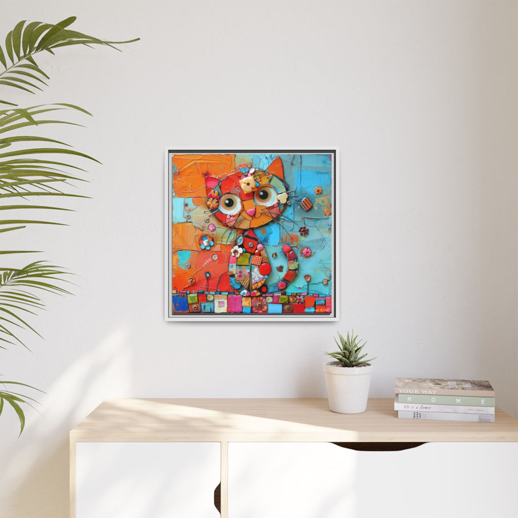 "Whimsical Mosaic Cat", Framed Mosaic Cat Art Print — Colorful Modern Wall Canvas