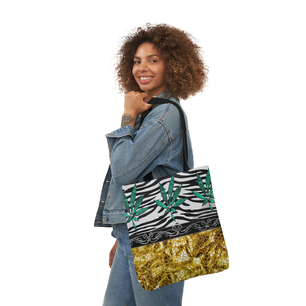 Gold And Zebra White And Black Marijuana Pot Weed Leaf 420 Weed Pot Marijuana Leaf Polyester Canvas Tote Bag (AOP)
