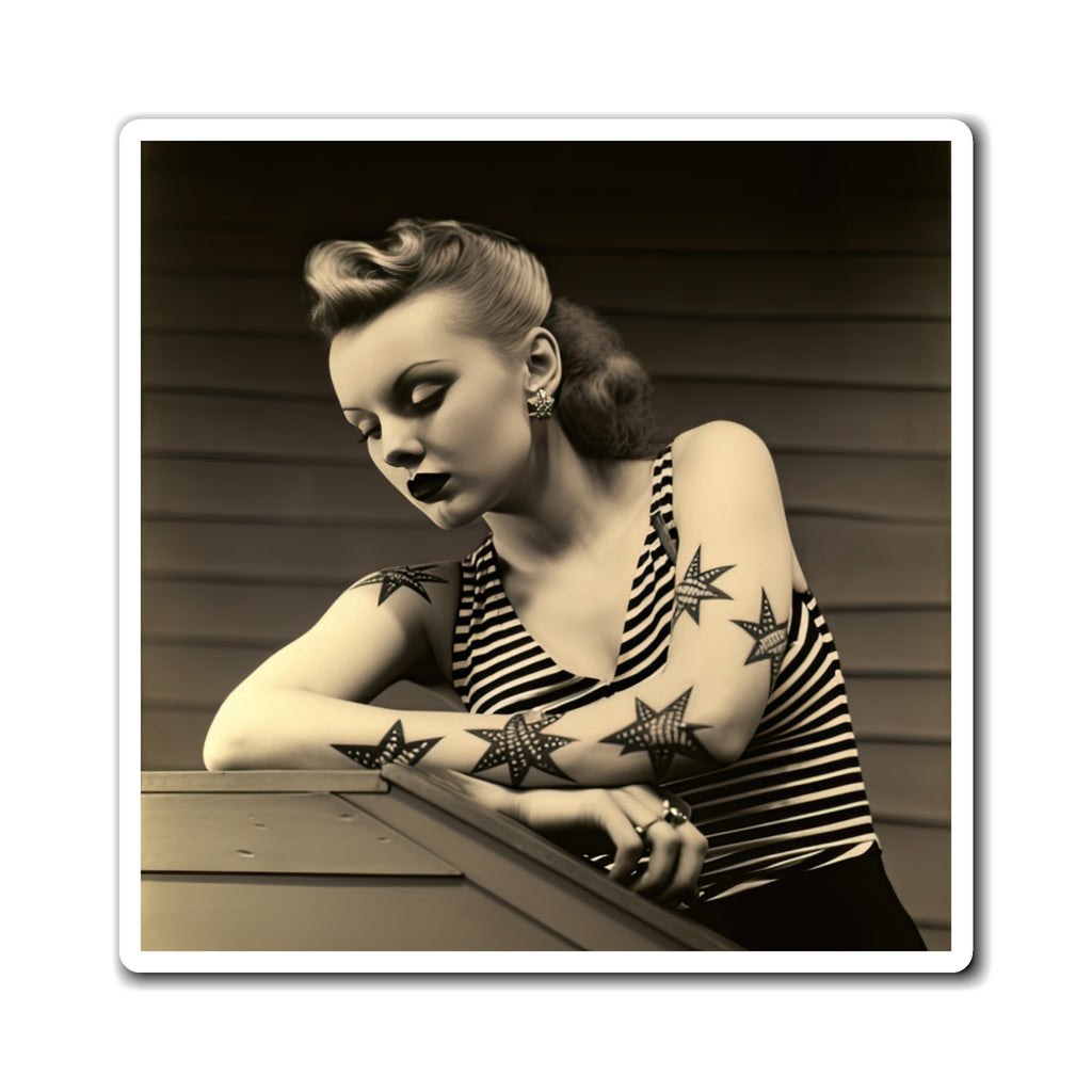 Retro Tattooed Pinup Blue, Red And White Star Magnet Style Thirteen