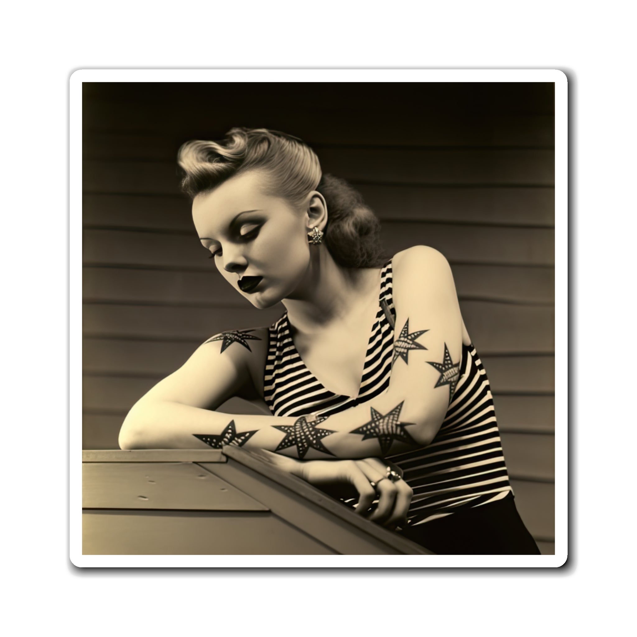 Retro Tattooed Pinup Blue, Red And White Star Magnet Style Thirteen