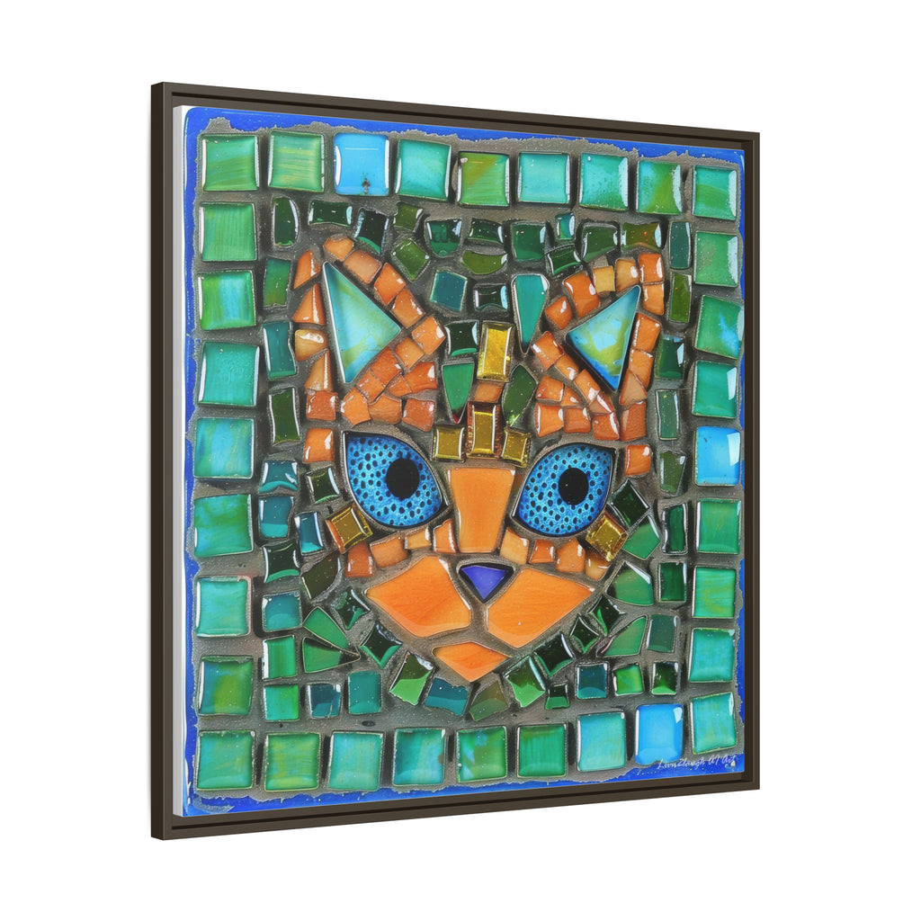 "Emerald Eyes Mosaic Cat", Framed Mosaic Cat Art Print — Colorful Modern Wall Canvas