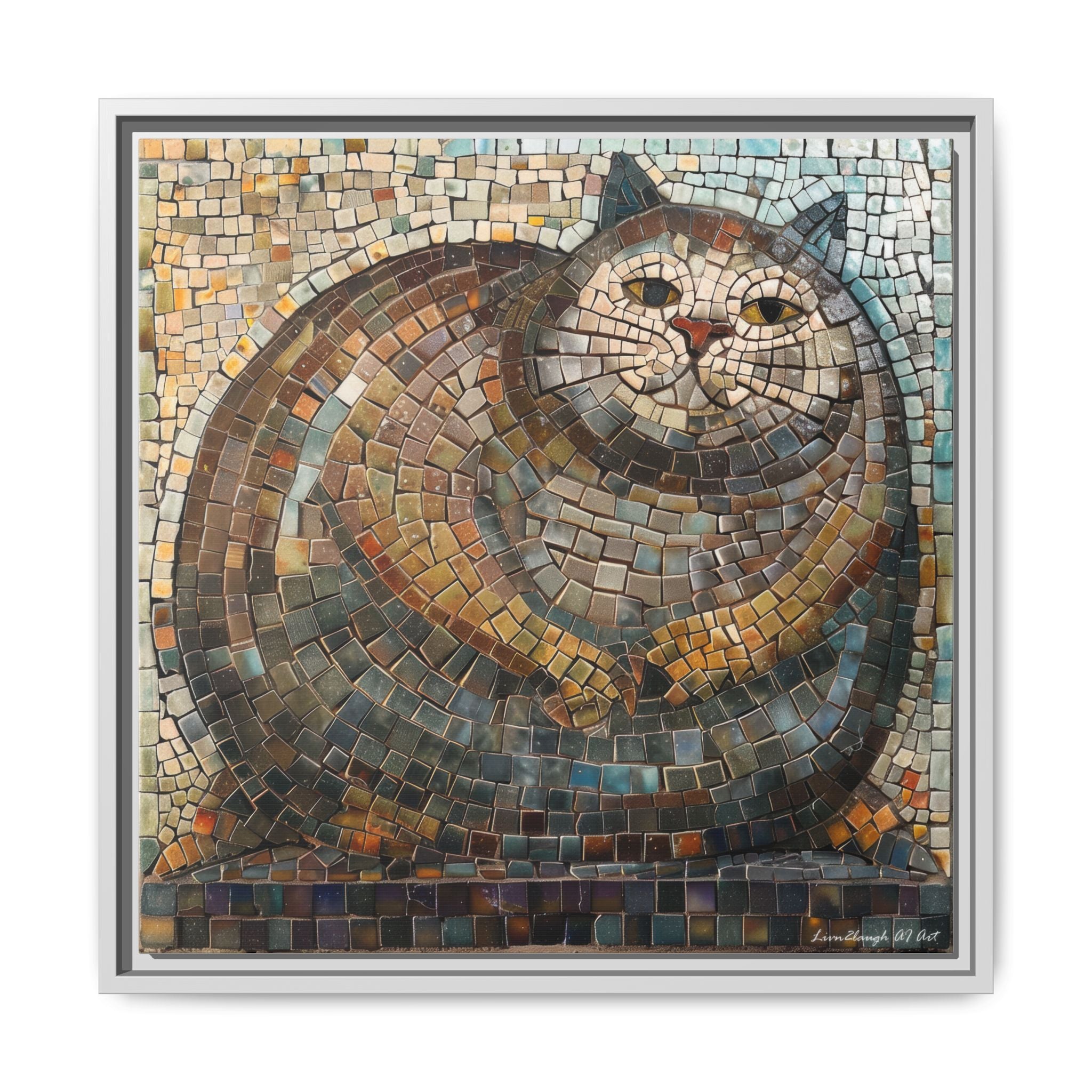 "Serene Mosaic Cat", Framed Mosaic Cat Art Print — Colorful Modern Wall Canvas