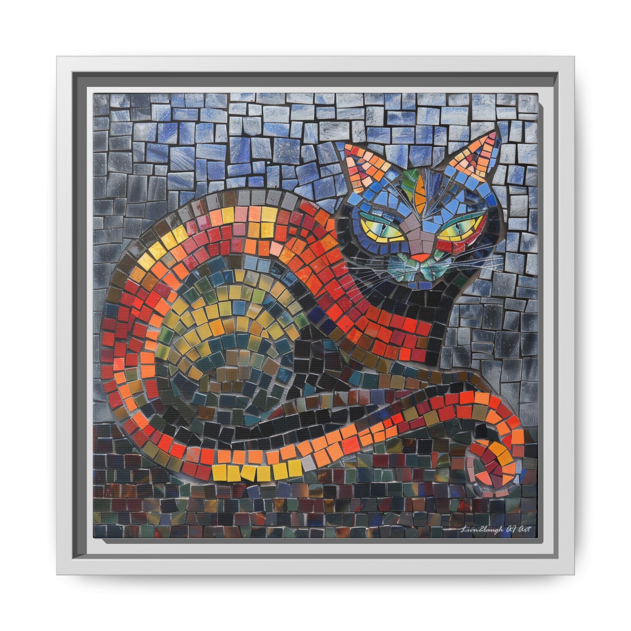 Mystic Shadows: The Enigmatic Cat, Framed Mosaic Cat Art Print — Colorful Modern Wall Canvas