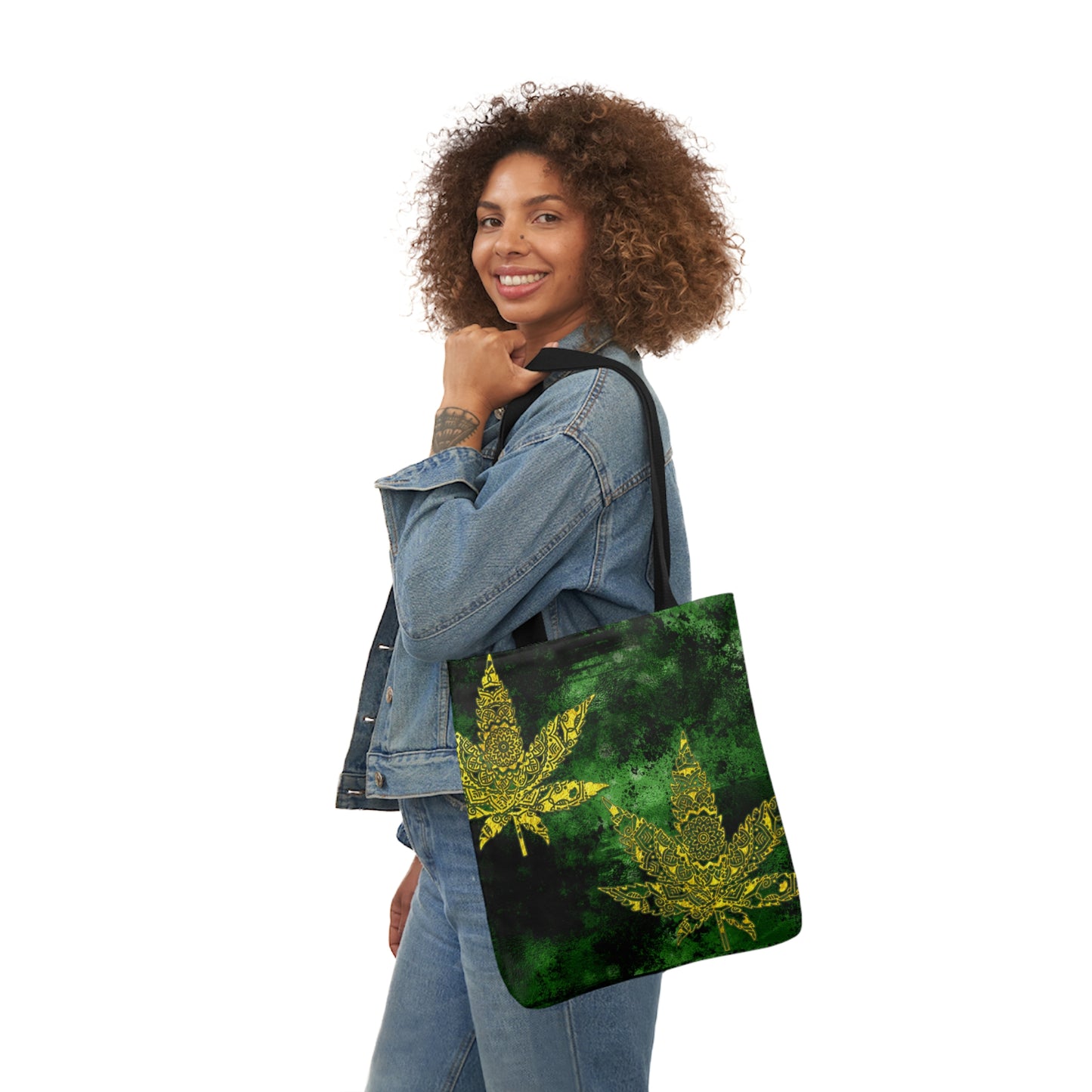 Gorgeous Designed Gold Leaf With multigreen Background Marijuana Pot Weed 420 Polyester Canvas Tote Bag (AOP)