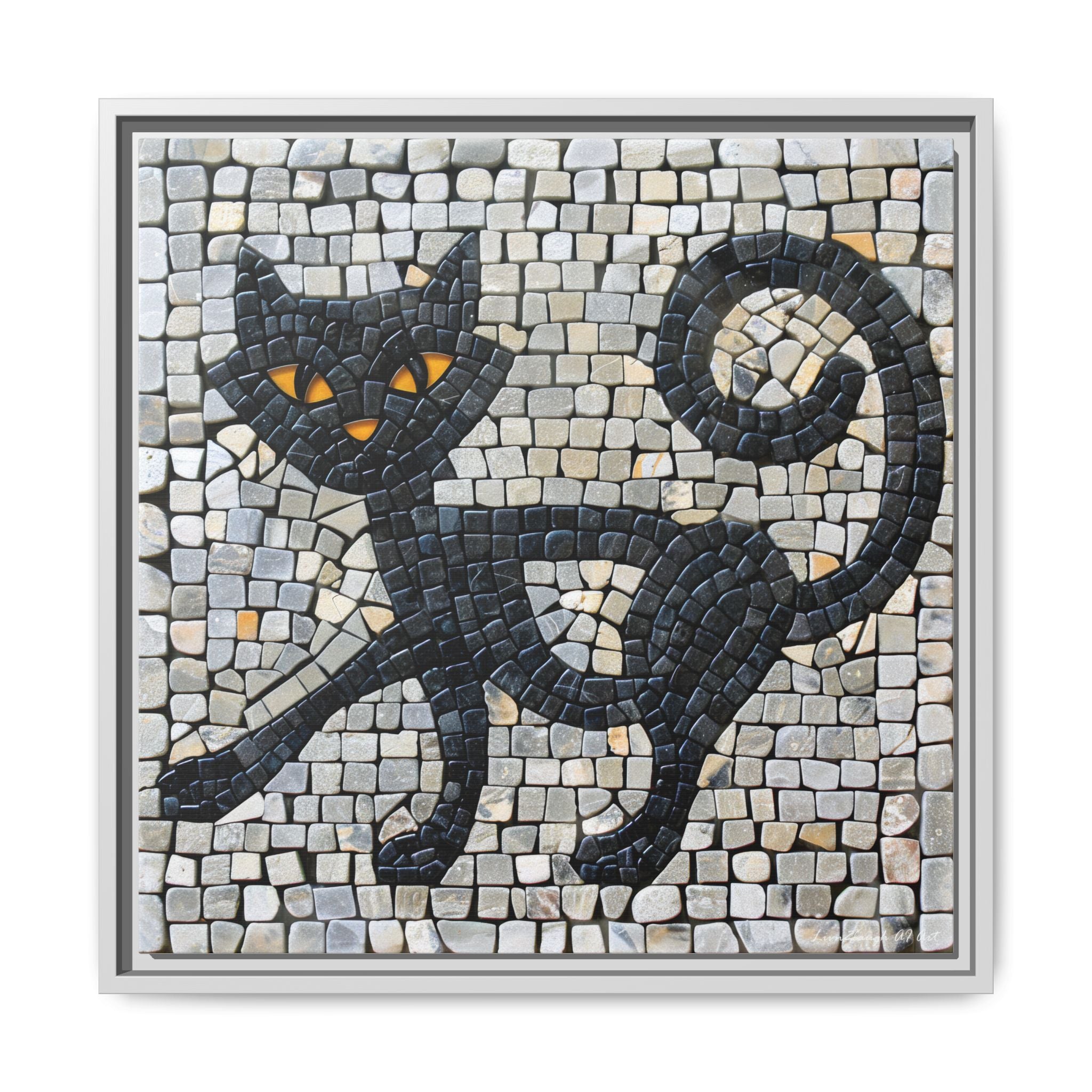 "Curious Black Cat Mosaic", Framed Mosaic Cat Art Print — Colorful Modern Wall Canvas