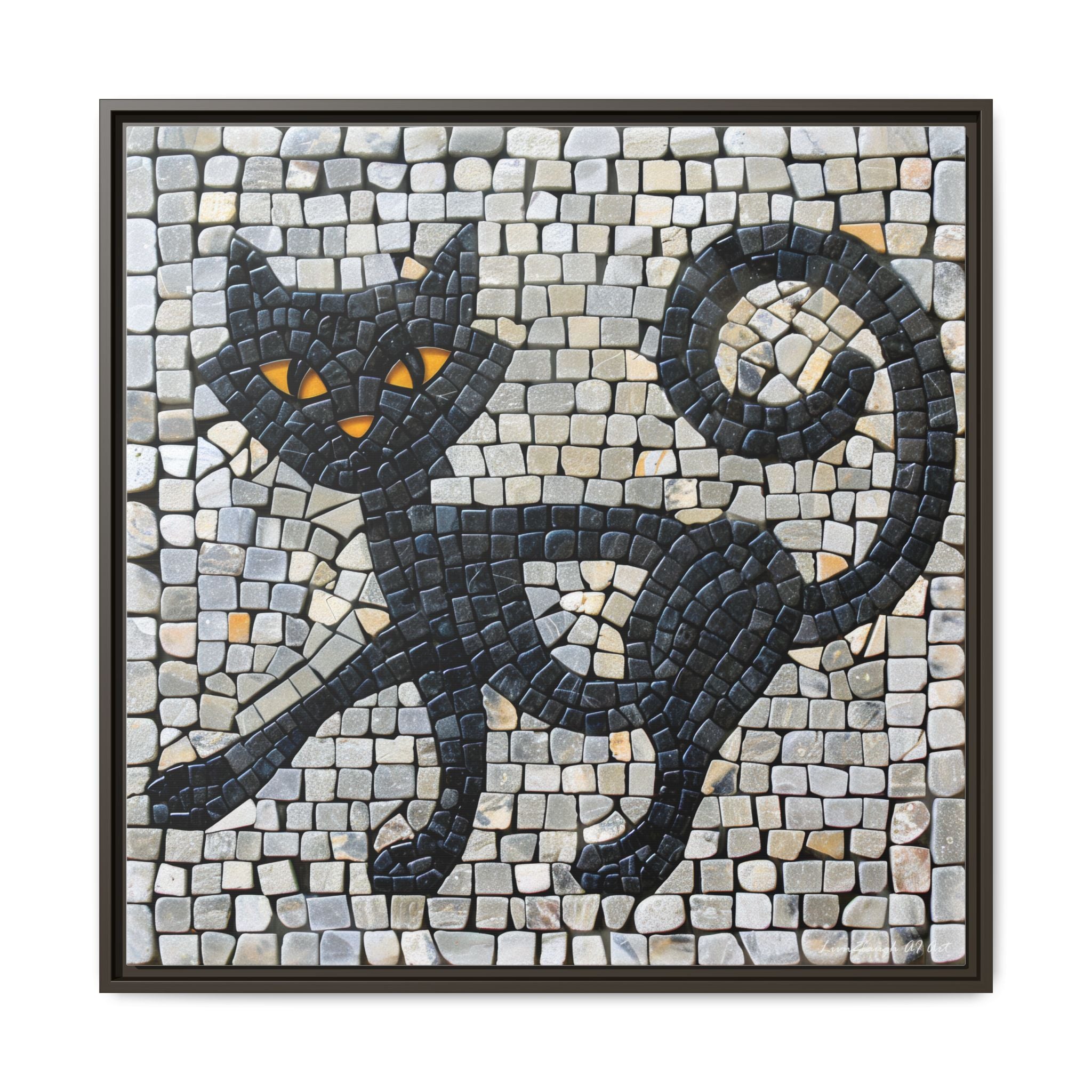 "Curious Black Cat Mosaic", Framed Mosaic Cat Art Print — Colorful Modern Wall Canvas