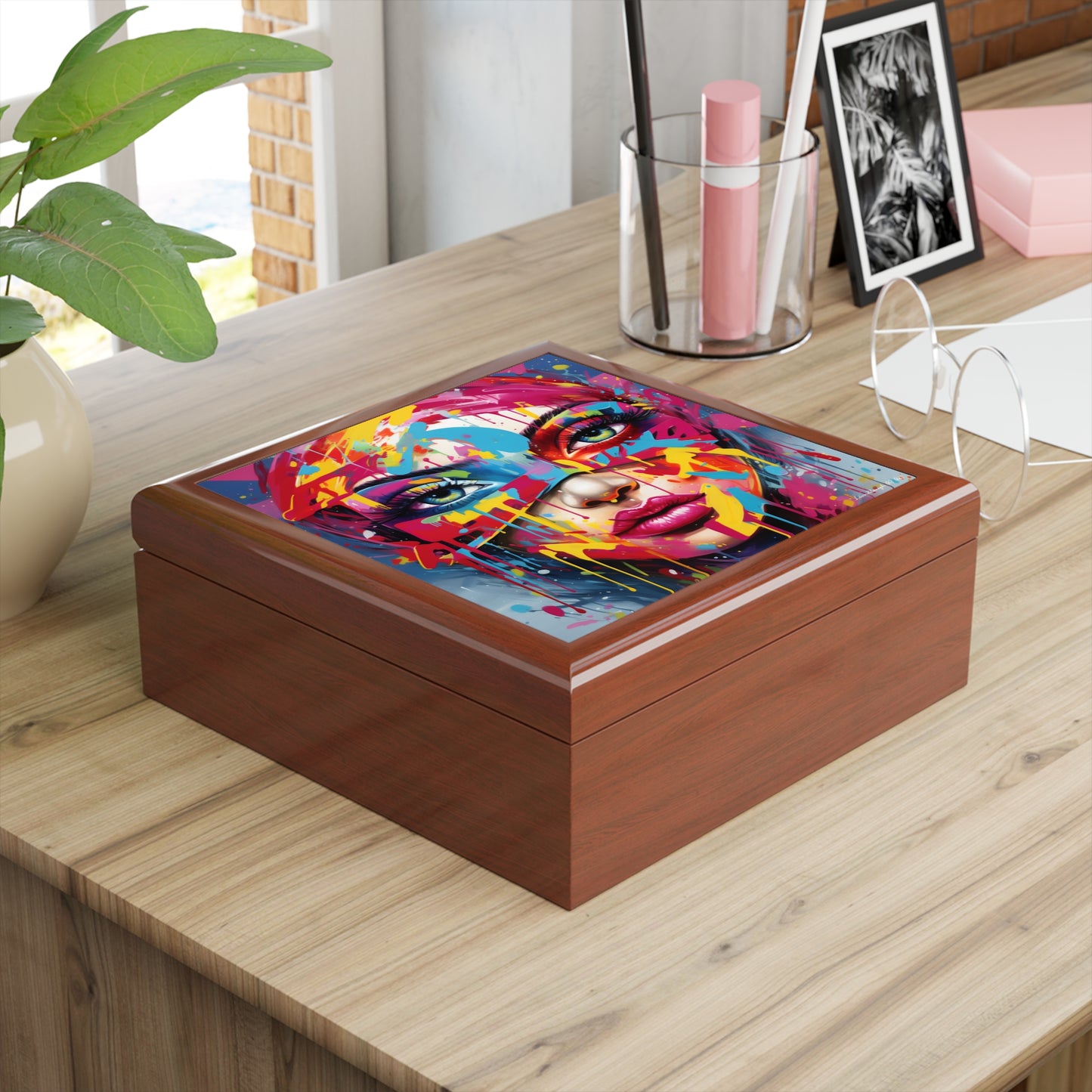 Masked Colorful Blast, Blue Background, Black or Brown Jewelry Box