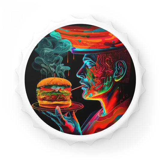 Hip Man Holding a burger Smoking Kitchen Barbecue Bottle Opener