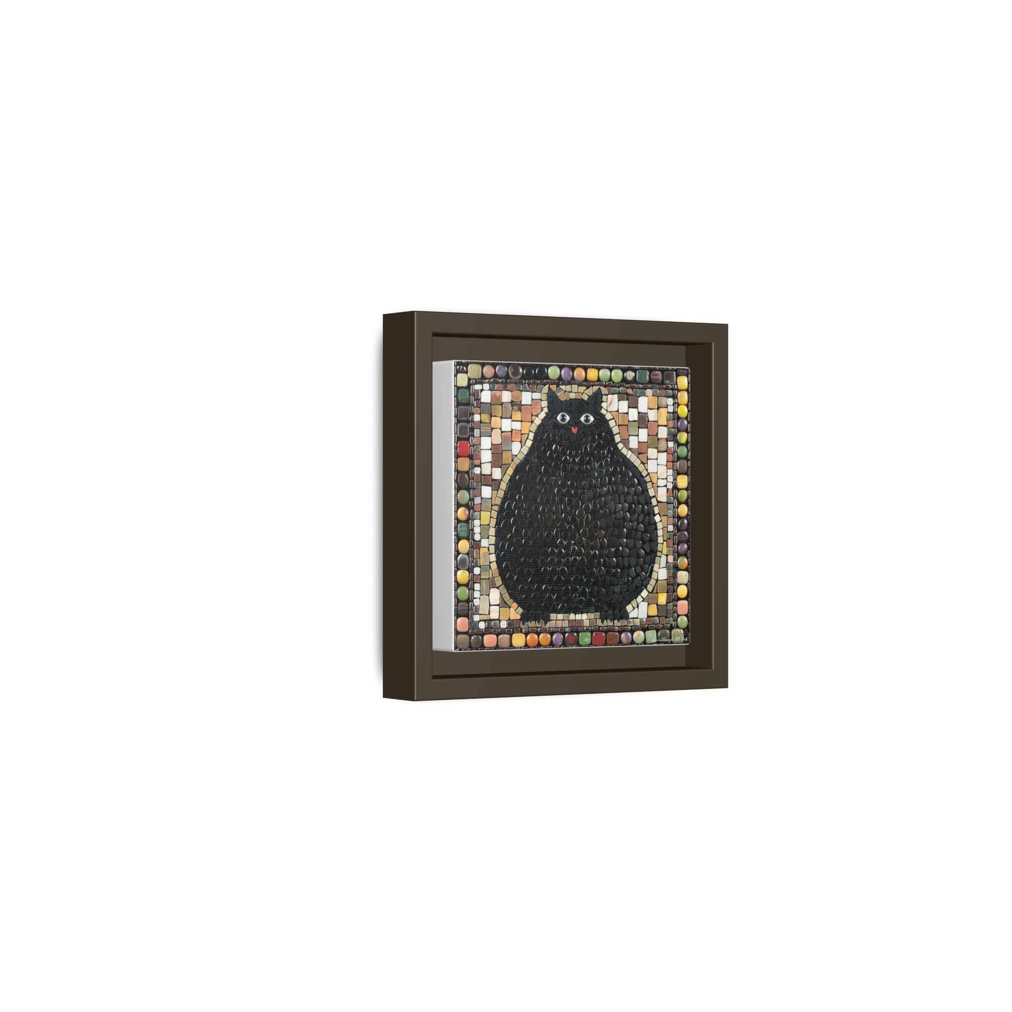 "Playful Black Cat Mosaic", Framed Mosaic Cat Art Print — Colorful Modern Wall Canvas