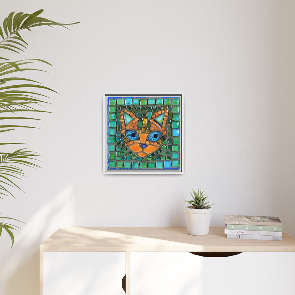 "Emerald Eyes Mosaic Cat", Framed Mosaic Cat Art Print — Colorful Modern Wall Canvas