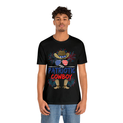 Patriotic Cowboy, American Flag 'Glasses, Cowboy Hat and Boots, Fourth of July 4th Unisex Jersey Short Sleeve Tee