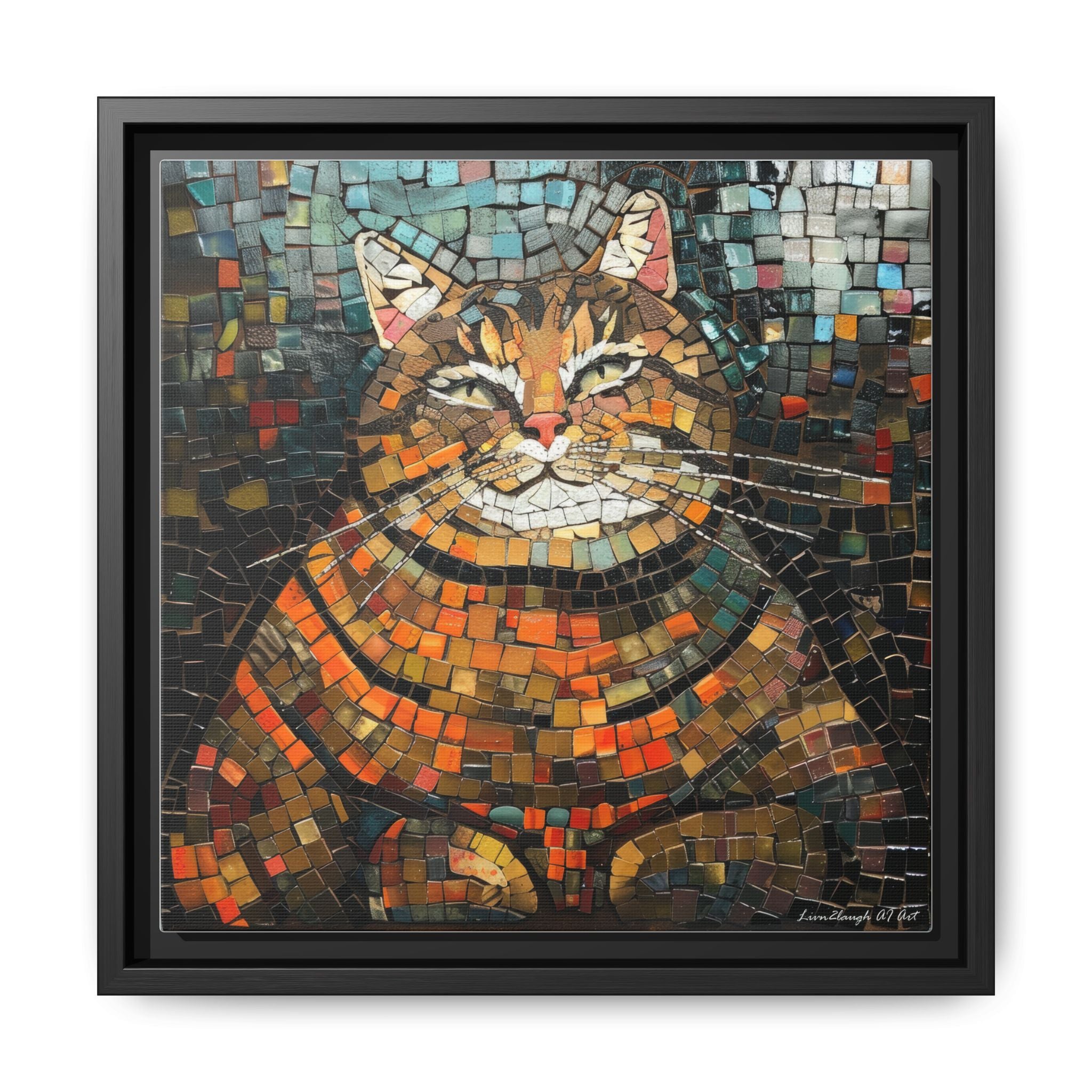 Mosaic Majesty: The Regal Cat, Framed Mosaic Cat Art Print — Colorful Modern Wall Canvas