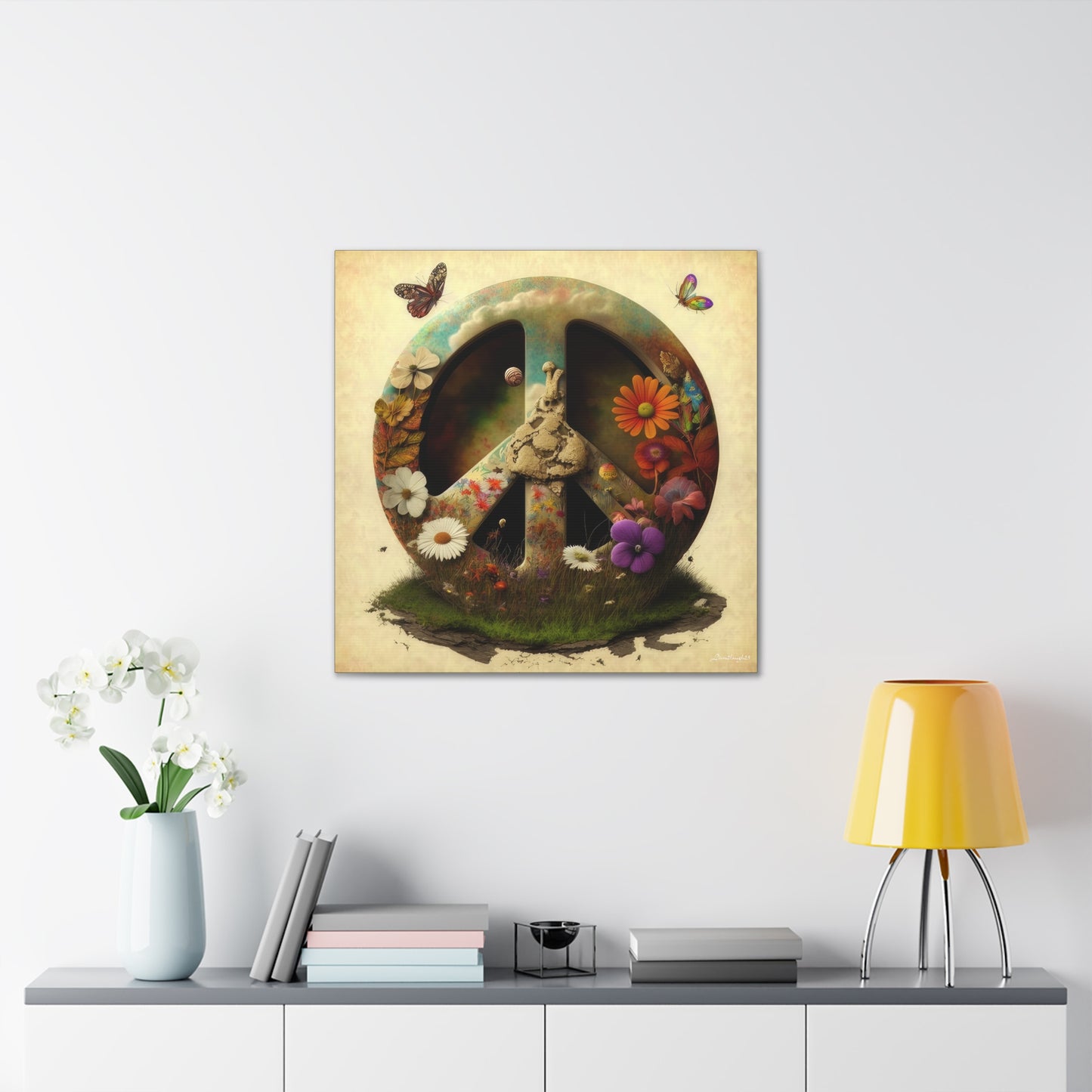 Elegant Peace Sign With Beautiful Flowers And Butterflies , Beige Background Canvas Gallery Wraps