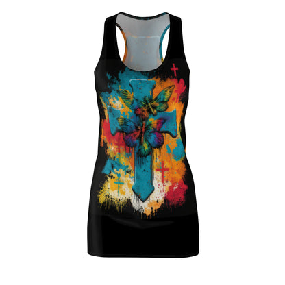 Bold And Beautiful Tie Dye Cross And Butterflies Front Style Four On Back Women's Cut & Sew Racerback Dress (AOP)