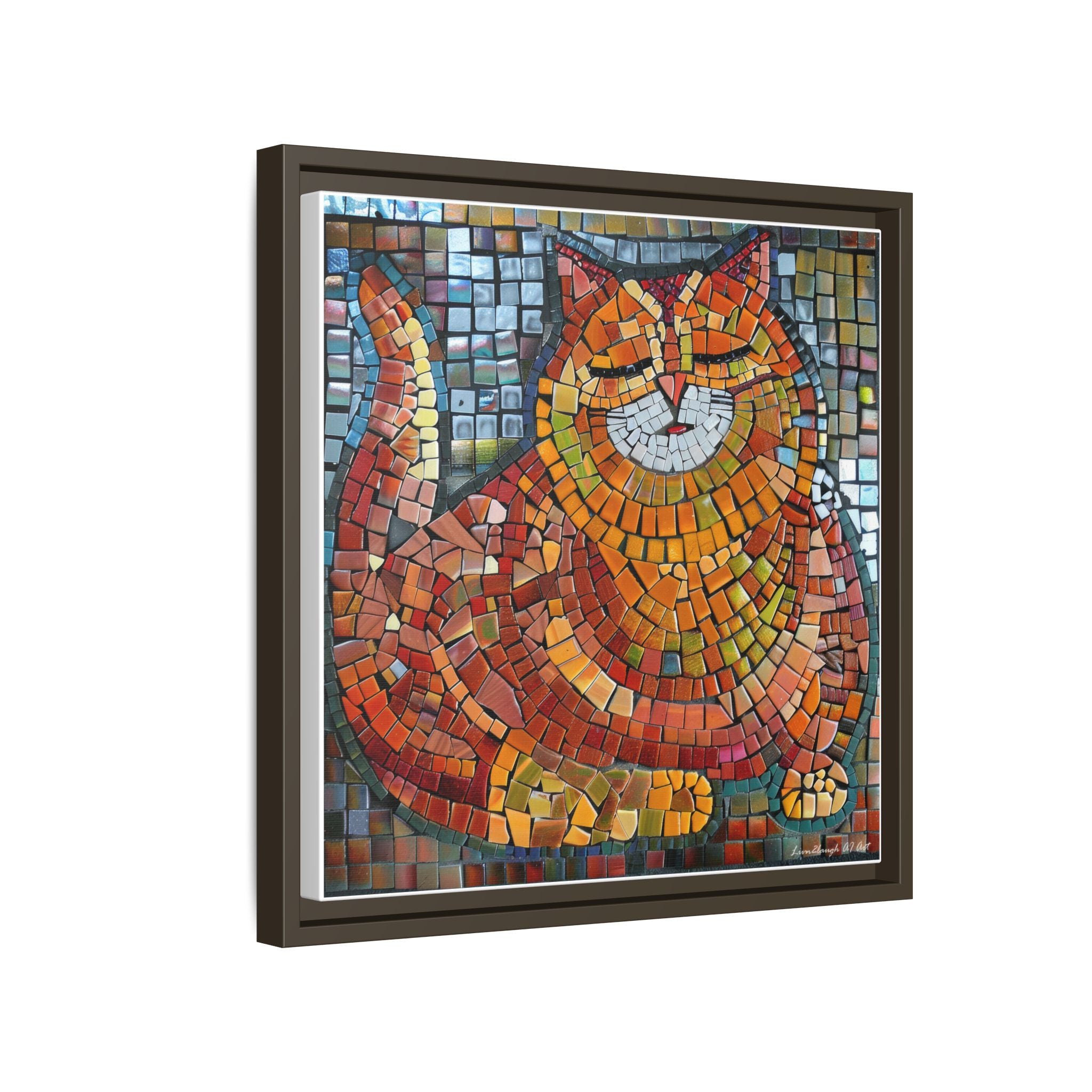 Radiant Whiskers: The Joyful Cat, Framed Mosaic Cat Art Print — Colorful Modern Wall Canvas
