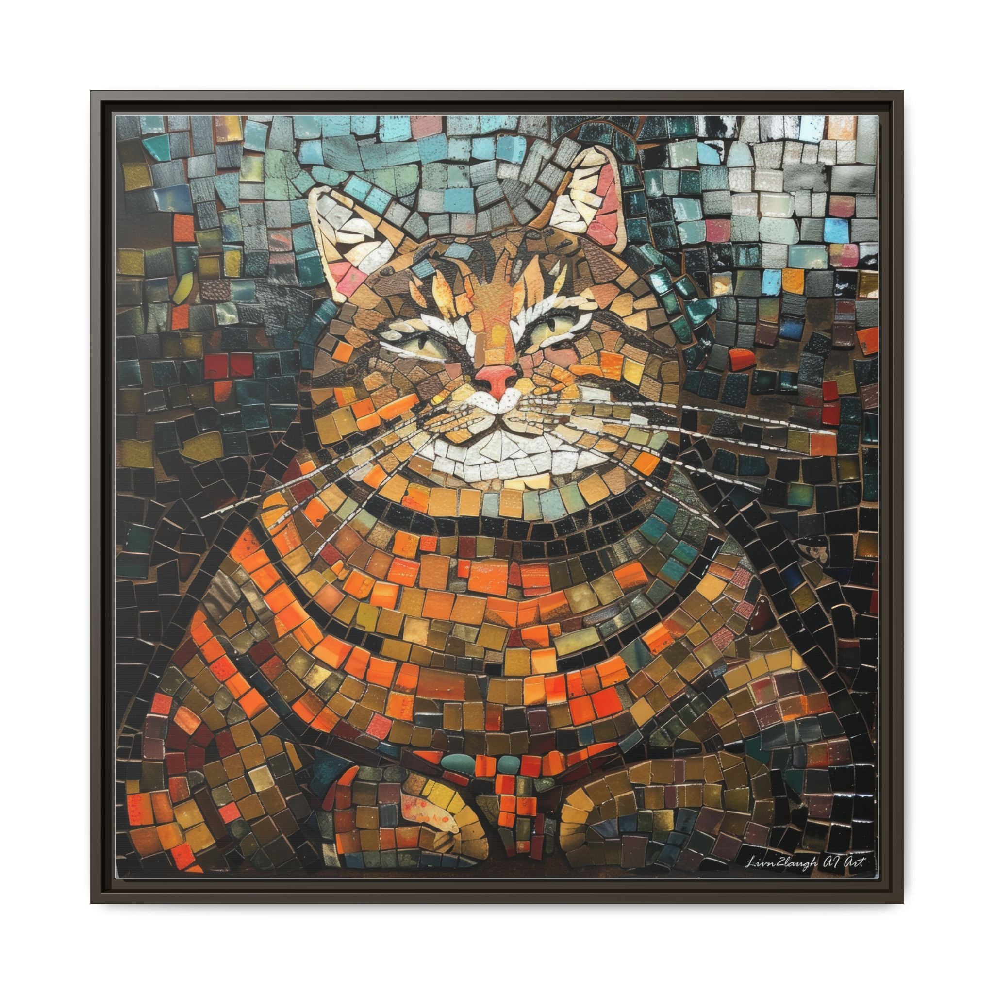 Mosaic Majesty: The Regal Cat, Framed Mosaic Cat Art Print — Colorful Modern Wall Canvas