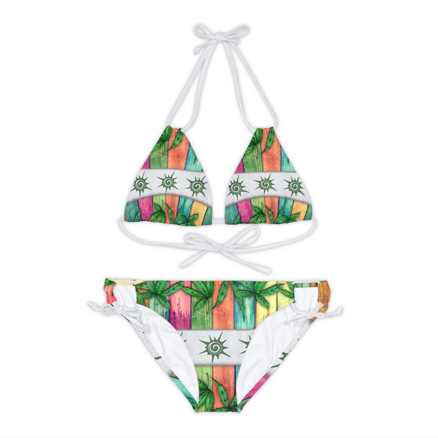 Beautiful Multicolored Pink Purple Blue 420 Weed Marijuana Leaf Strappy Bikini Set (AOP)