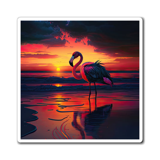 Gorgeous Flamingo With Beautiful Sunset On The Water Magnets