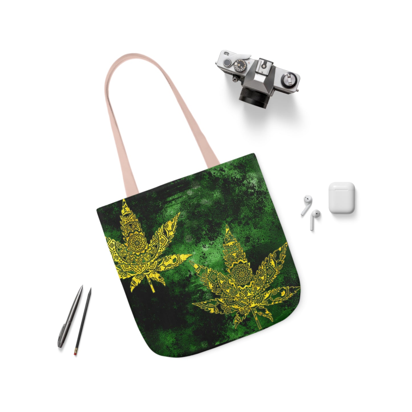 Gorgeous Designed Gold Leaf With multigreen Background Marijuana Pot Weed 420 Polyester Canvas Tote Bag (AOP)