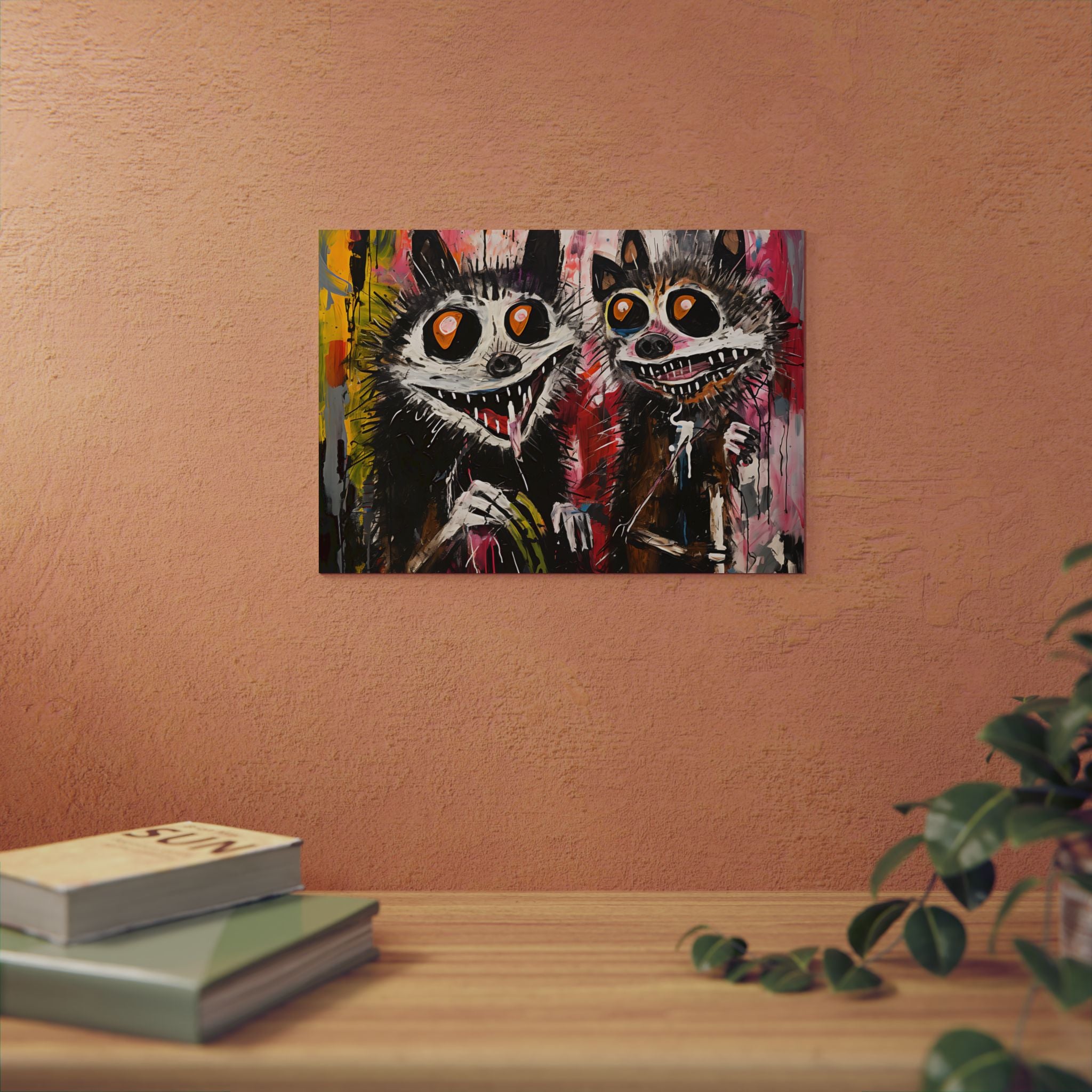 Doodle Abstract Wide Eye Racoons With Colorful Grey Pink Yellow Background By DaFlowerChild Aluminum Composite Panels