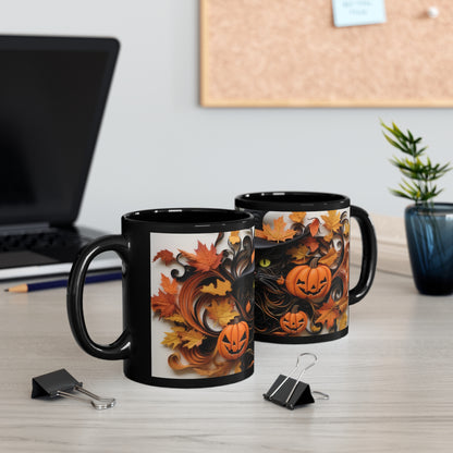 Fall Season Leads to Black Halloween Witch Hat Cat Amazing Background Fall Leaves And Pumpkins 11oz Black Mug