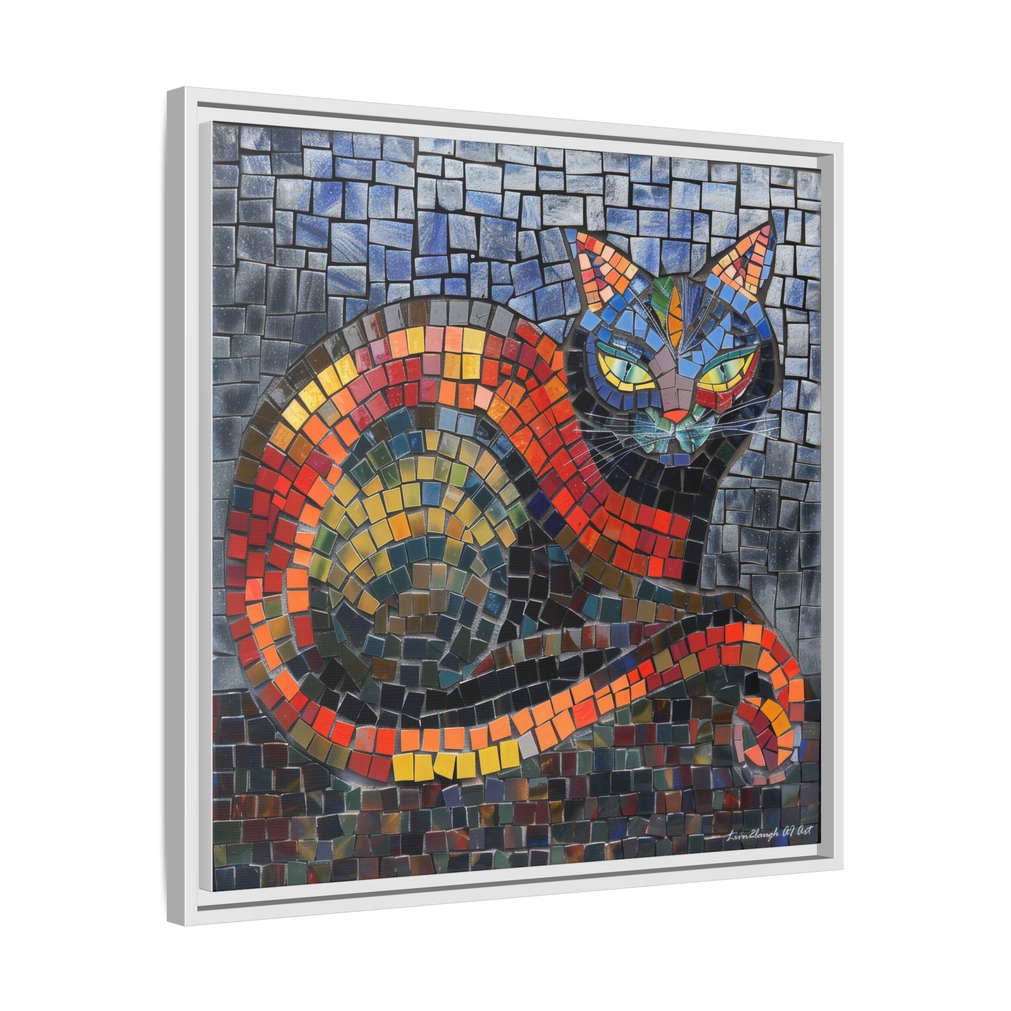 Mystic Shadows: The Enigmatic Cat, Framed Mosaic Cat Art Print — Colorful Modern Wall Canvas