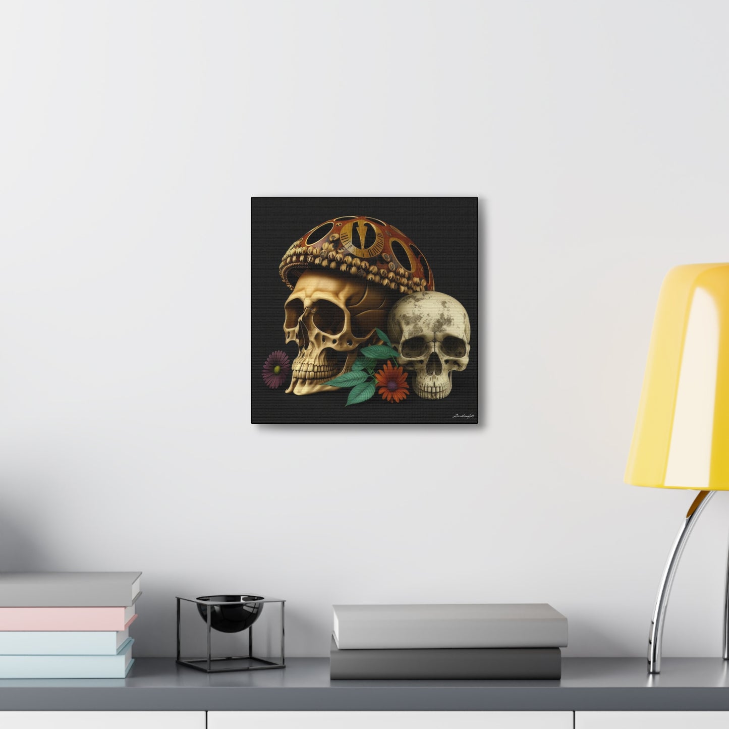 Double Skull With One Colorful Beautifully Detailed Helmet Purple Orange Flowers Canvas Gallery Wraps