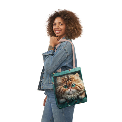 Beautiful Orange And White Fluffy Cat With Blue Eye , Blue Framed Polyester Canvas Tote Bag (AOP)