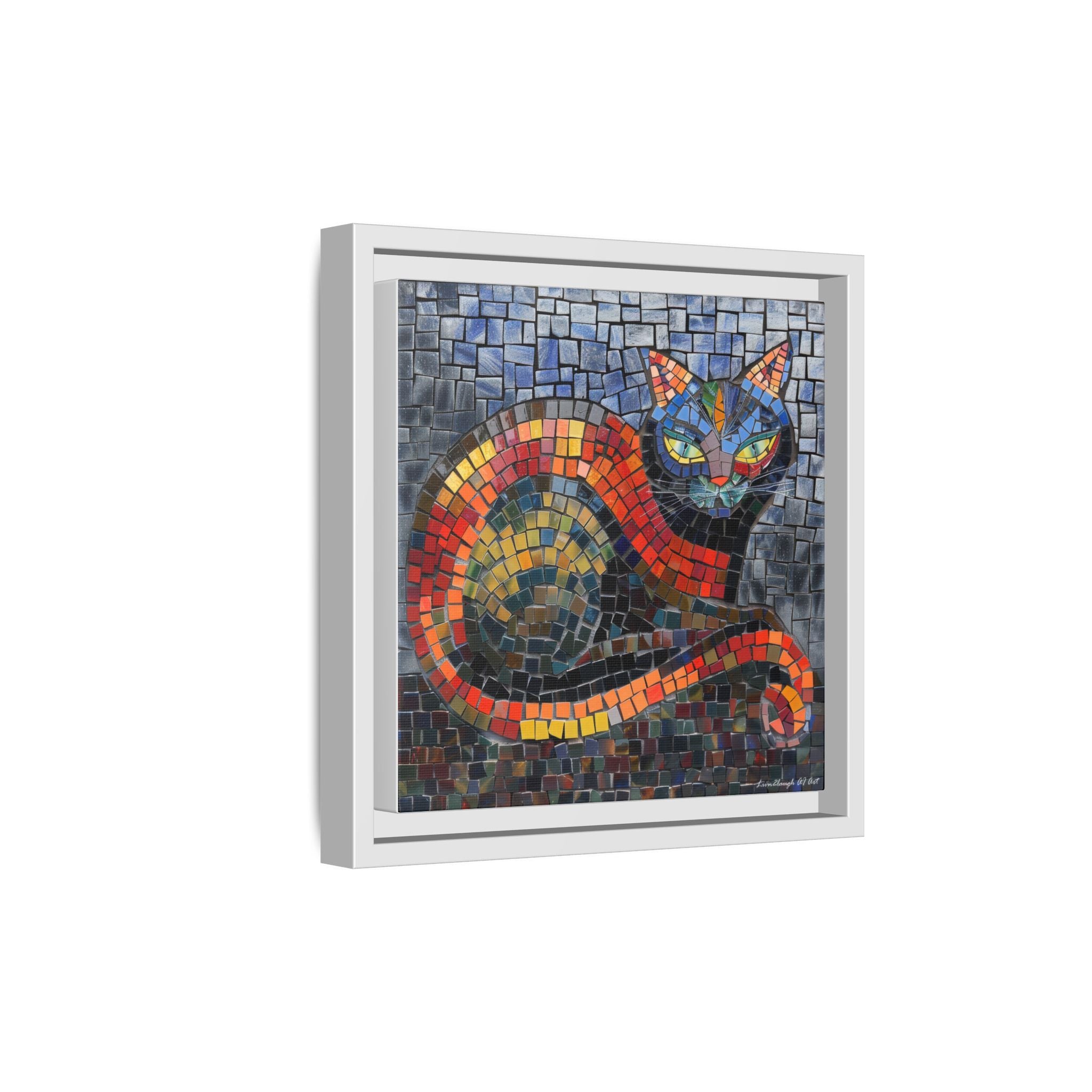 Mystic Shadows: The Enigmatic Cat, Framed Mosaic Cat Art Print — Colorful Modern Wall Canvas