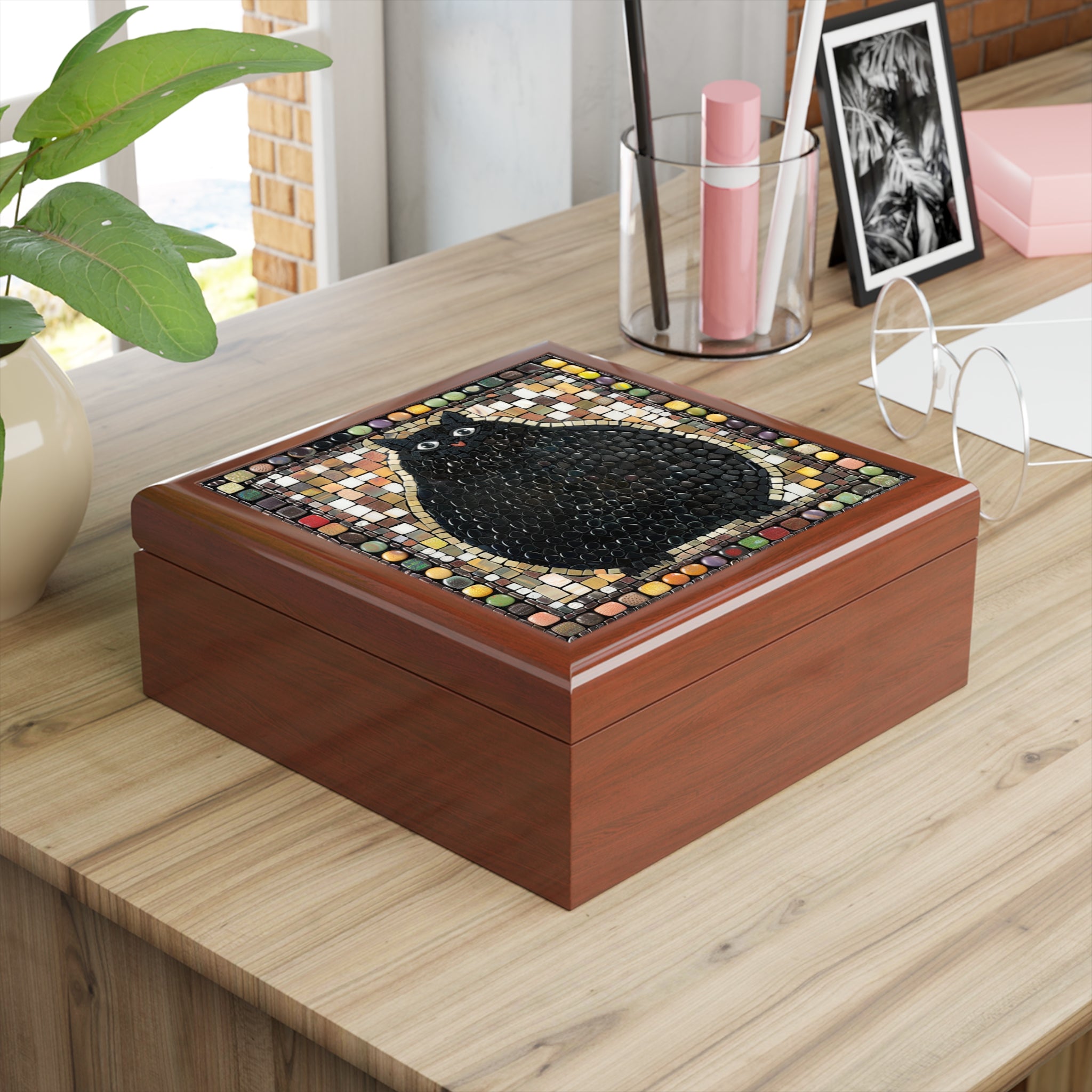"Playful Black Cat Mosaic", Jewelry- Stash- Collection Box
