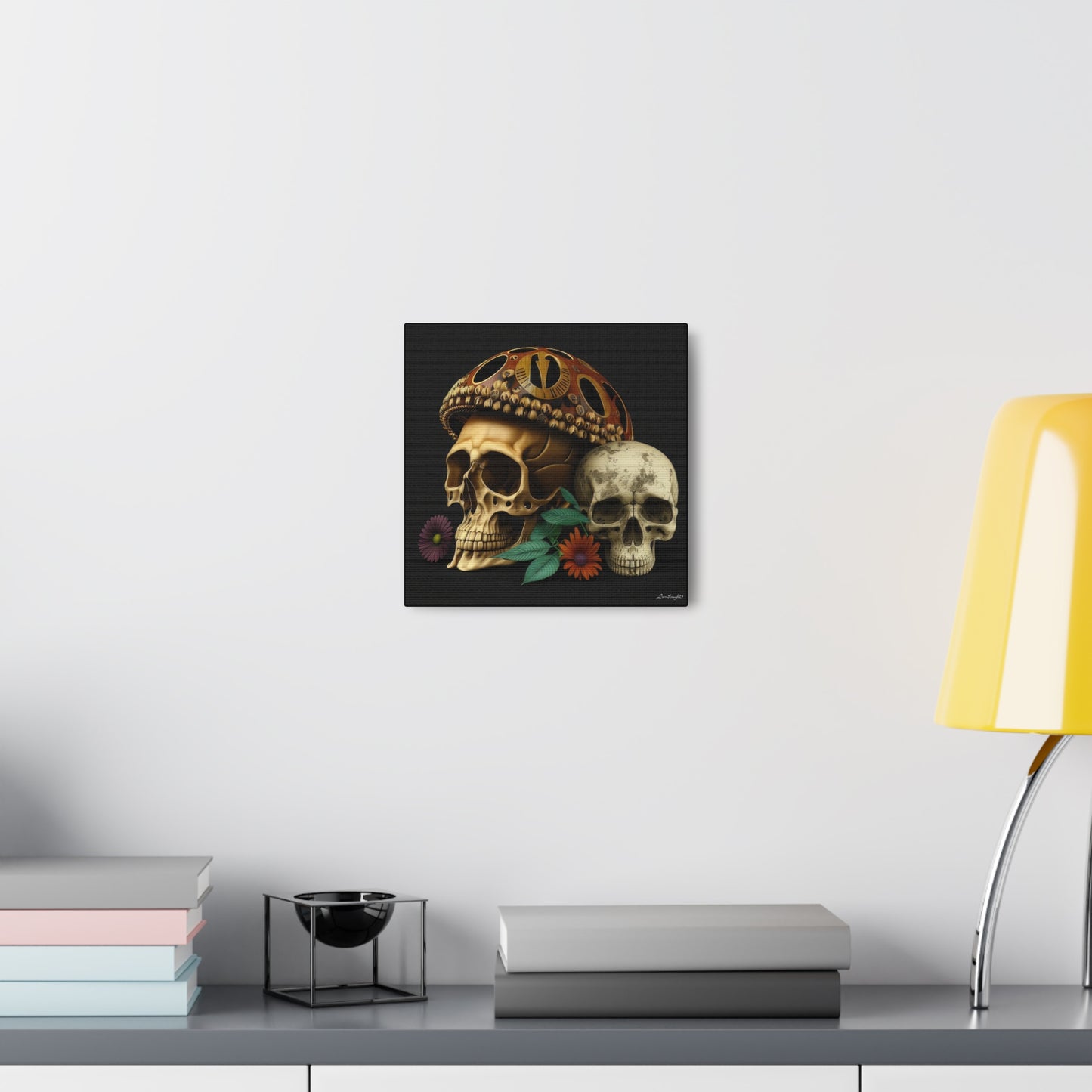 Double Skull With One Colorful Beautifully Detailed Helmet Purple Orange Flowers Canvas Gallery Wraps