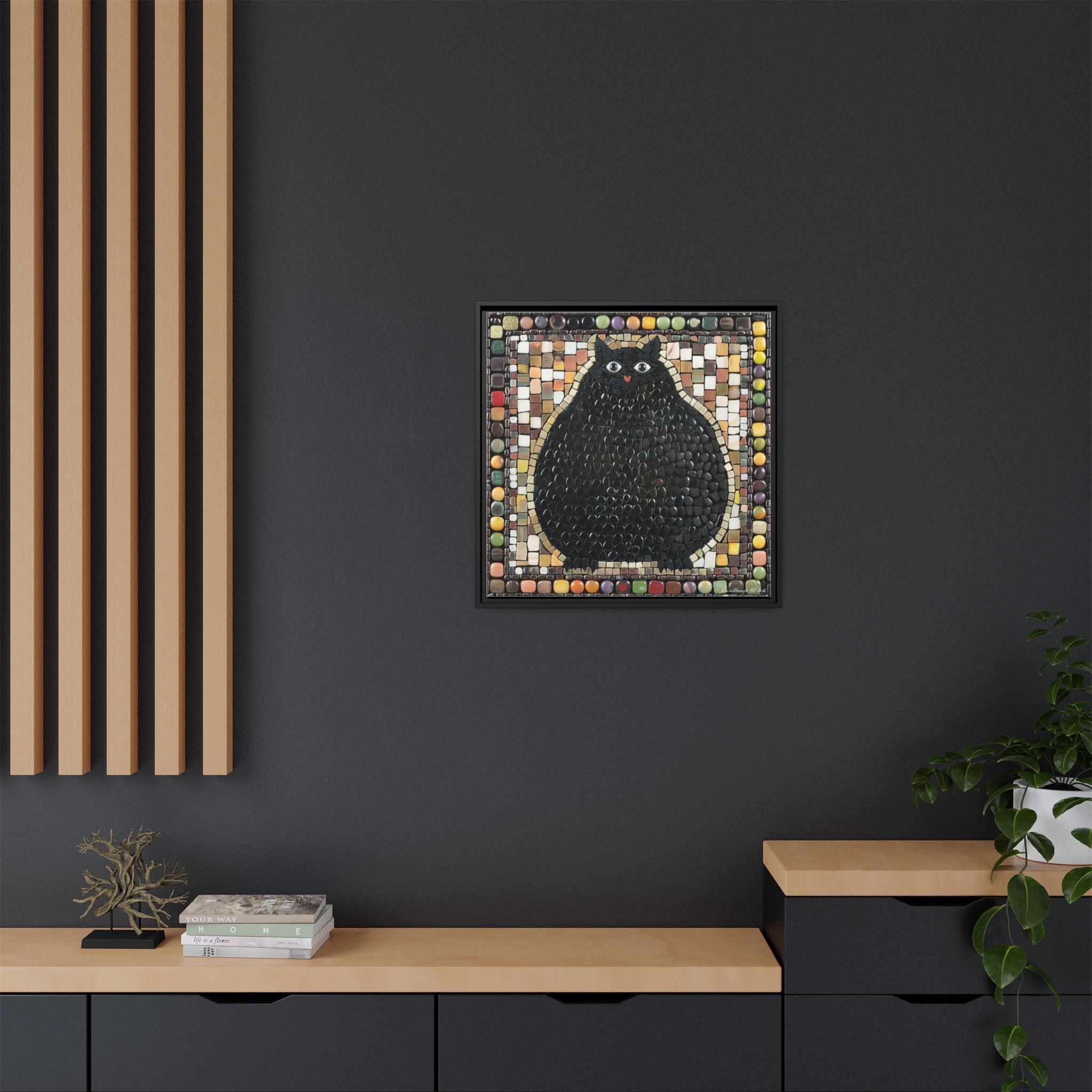 "Playful Black Cat Mosaic", Framed Mosaic Cat Art Print — Colorful Modern Wall Canvas