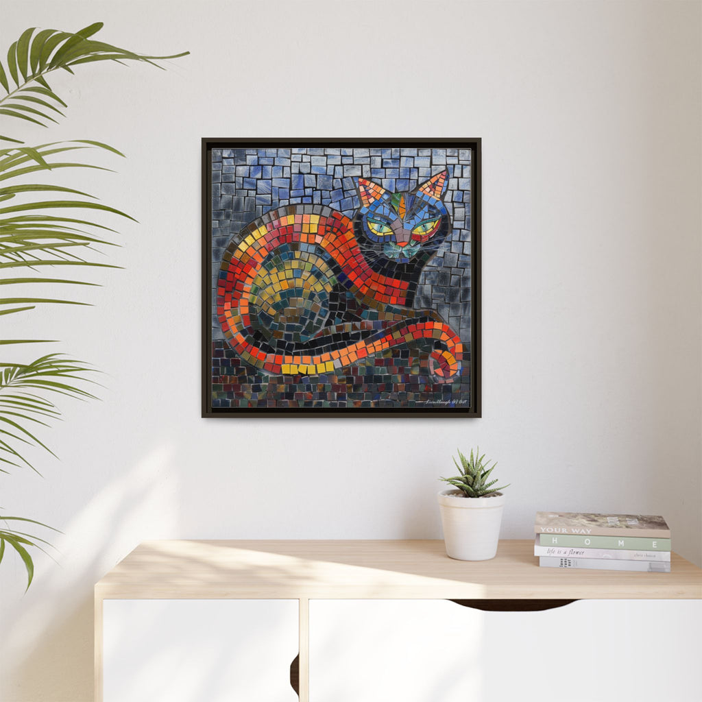 Mystic Shadows: The Enigmatic Cat, Framed Mosaic Cat Art Print — Colorful Modern Wall Canvas