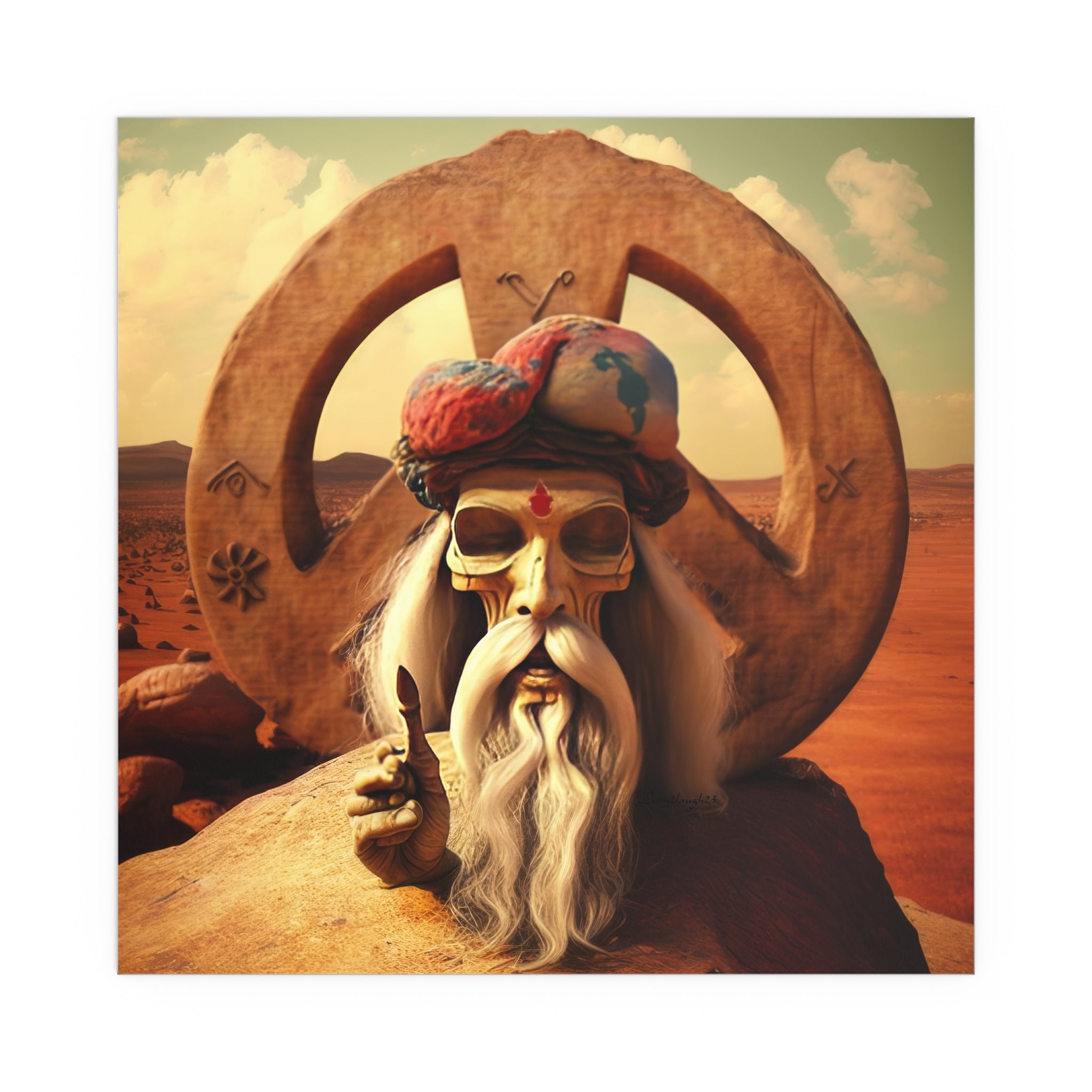 Wise Man In Dessert With Beard And Peace Sign Indoor and Outdoor Silk Posters