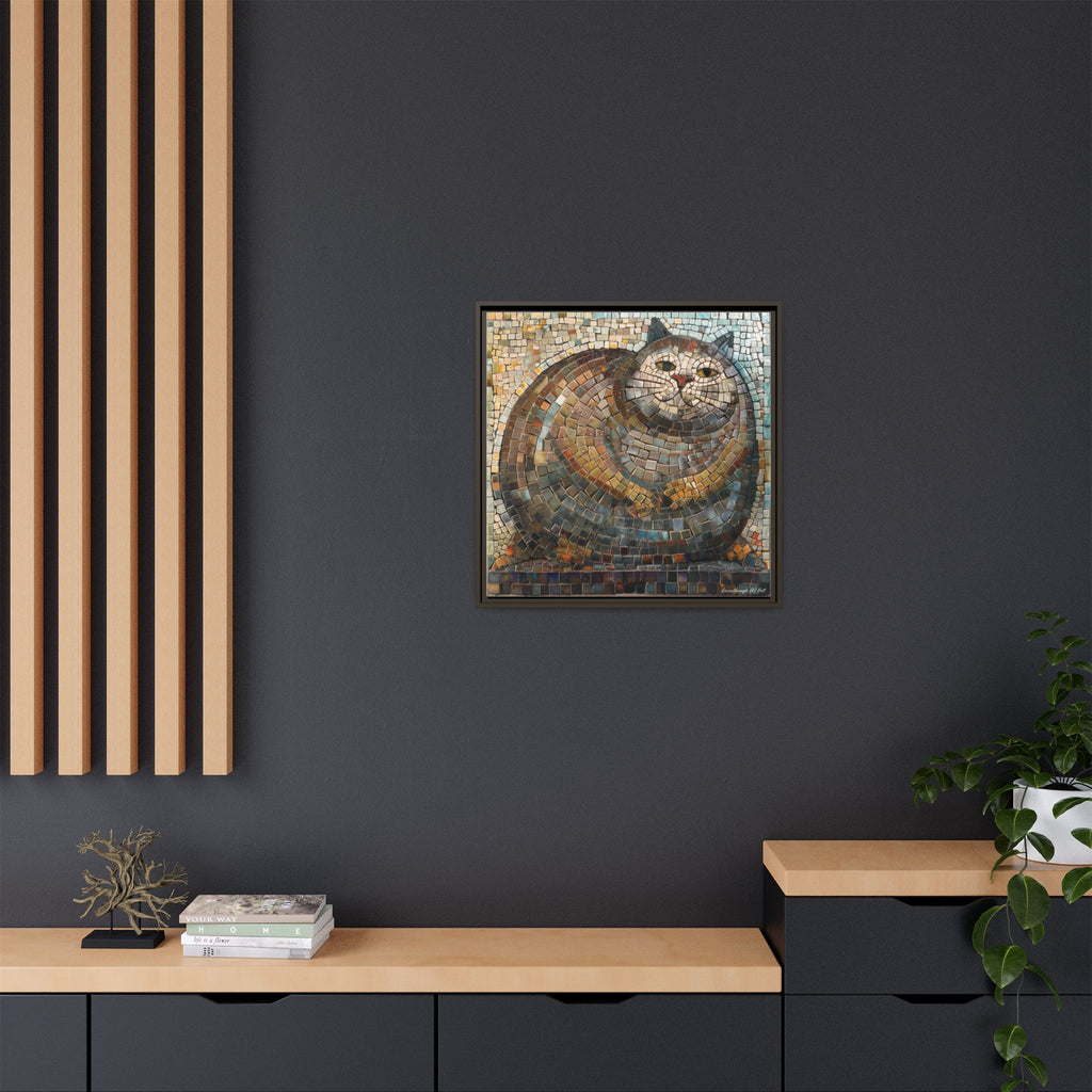"Serene Mosaic Cat", Framed Mosaic Cat Art Print — Colorful Modern Wall Canvas