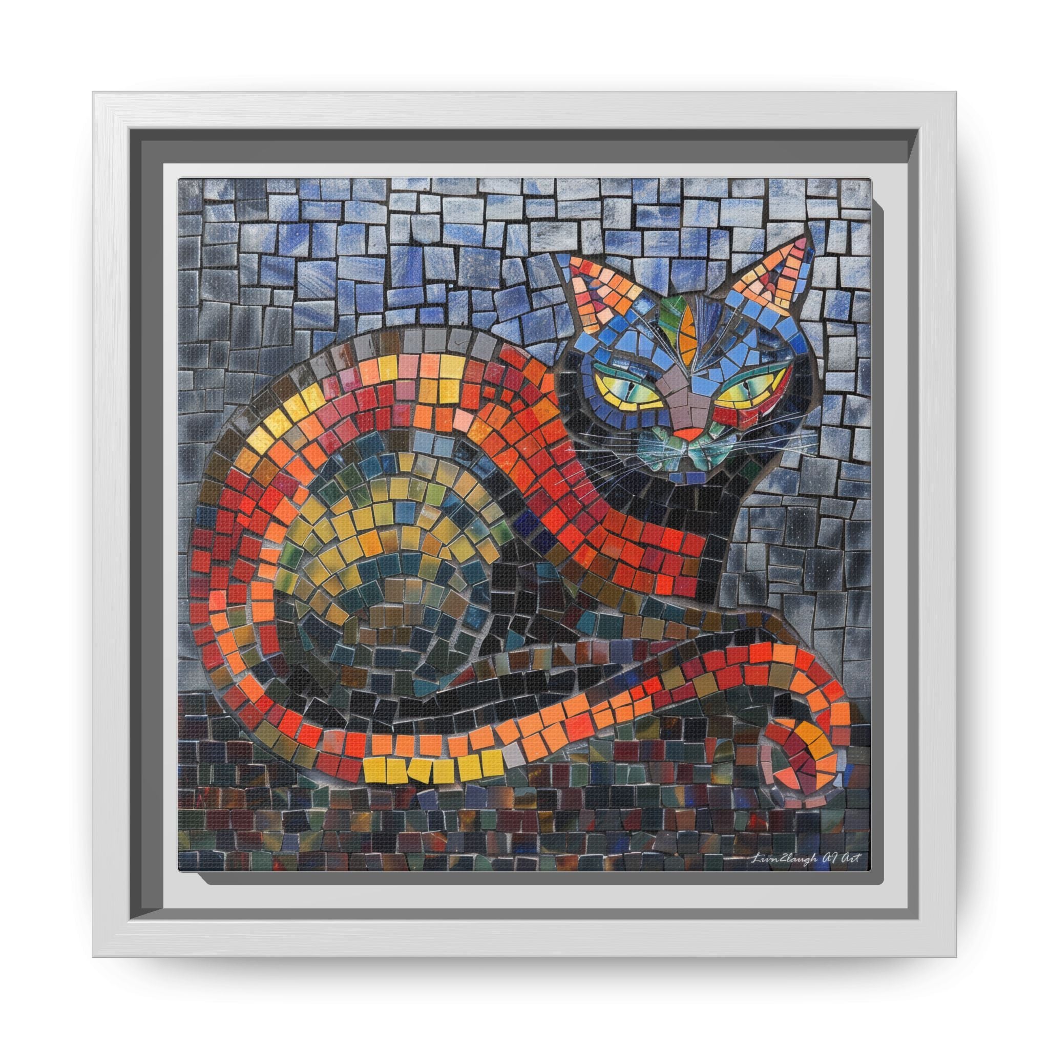 Mystic Shadows: The Enigmatic Cat, Framed Mosaic Cat Art Print — Colorful Modern Wall Canvas
