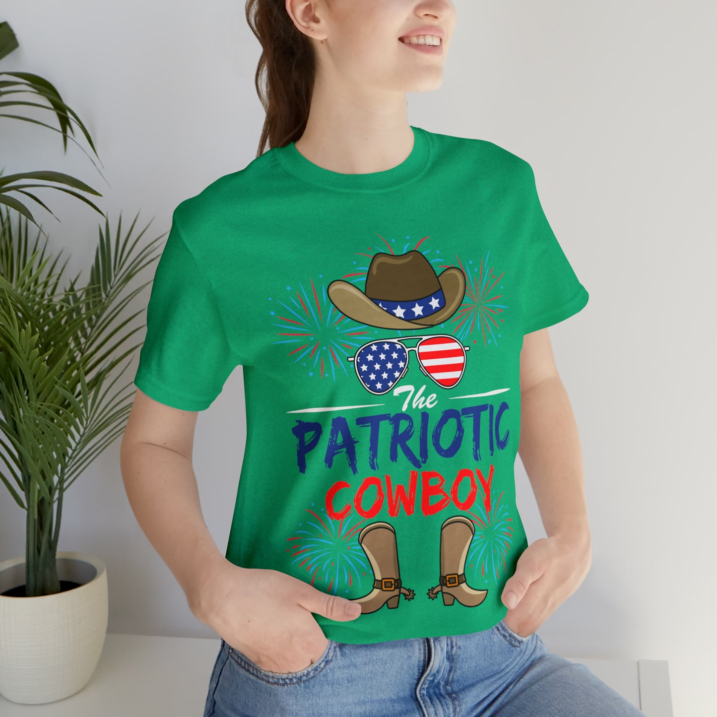 Patriotic Cowboy, American Flag 'Glasses, Cowboy Hat and Boots, Fourth of July 4th Unisex Jersey Short Sleeve Tee