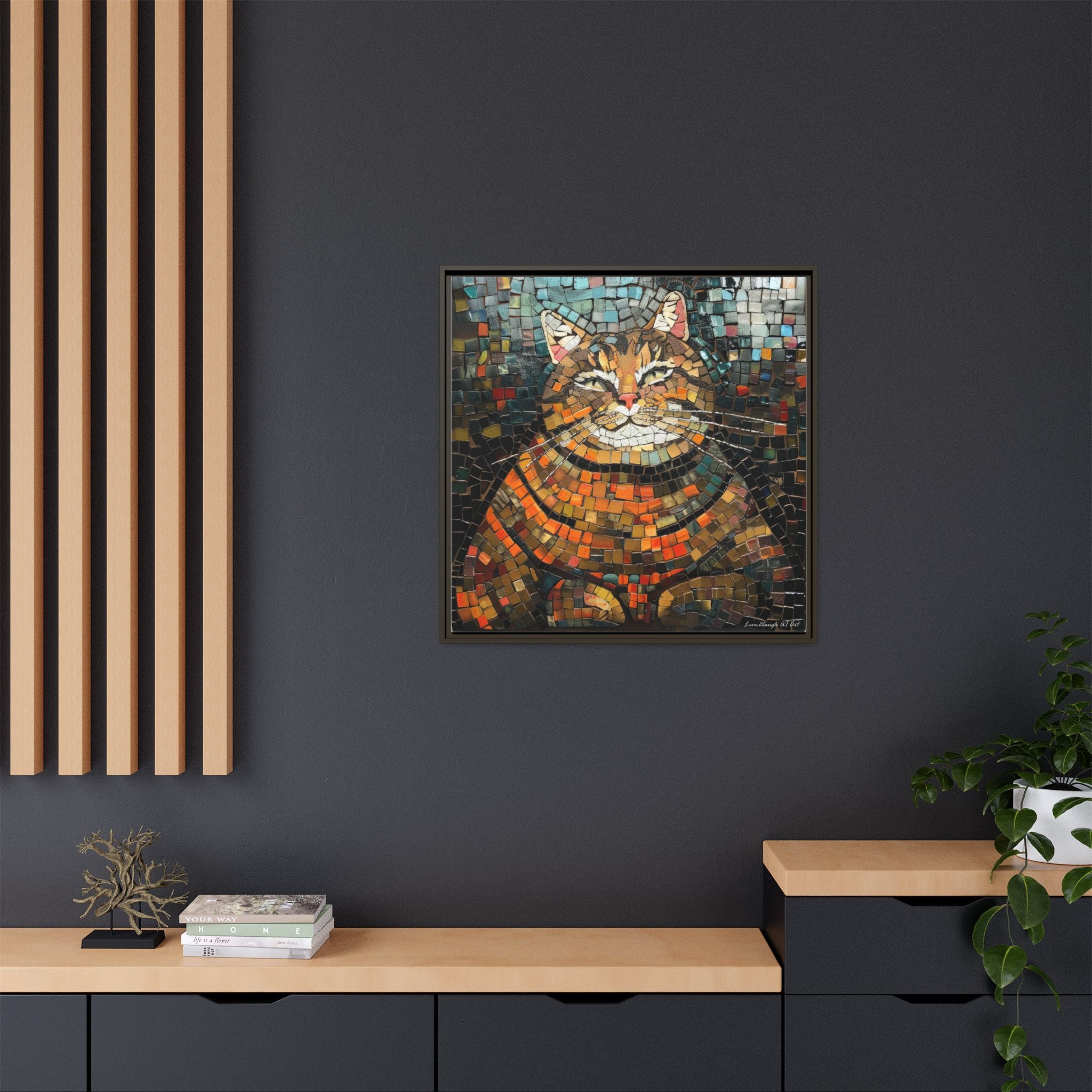 Mosaic Majesty: The Regal Cat, Framed Mosaic Cat Art Print — Colorful Modern Wall Canvas